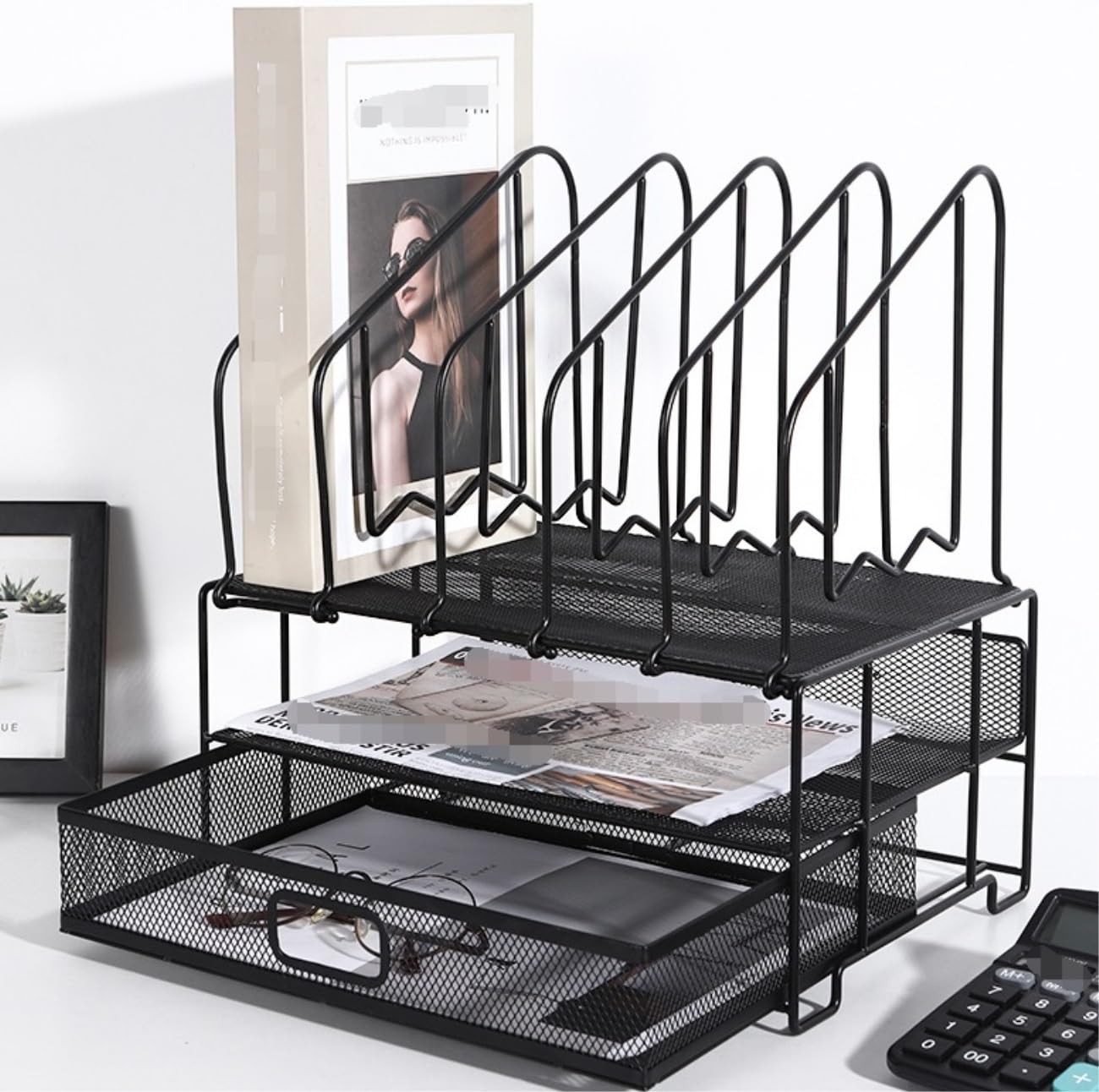 Porta Oggetti da Scrivania Organizzatori Da Scrivania In Rete Portaoggetti Da Scrivania Con Cassetto Doppio Vassoio 5 Portacartelle Portapenne Organizzatore Scrivania