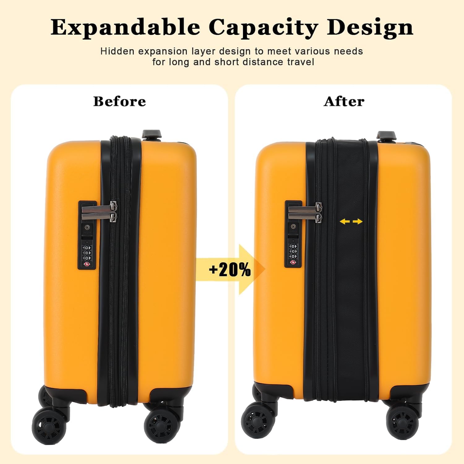 CENSIEN 16 Inch Underseat Carry On Luggage Airline Approved, Expandable Lightweight ABS+PC Hard Shell Suitcases with 360° Spinner Wheels, TSA Lock, YKK Zipper, for Business Weekender (Orange, 1 PC)