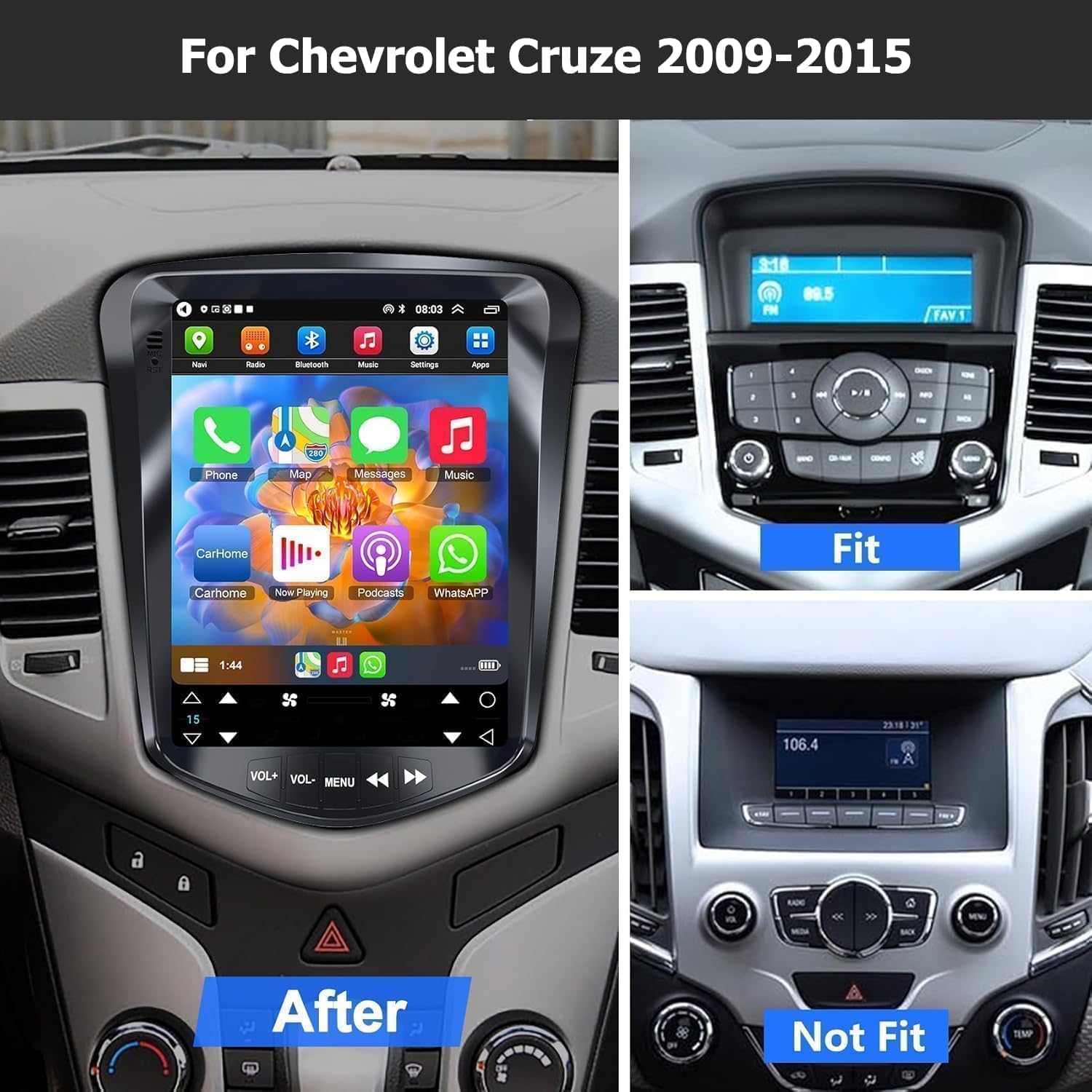 4G+64G Car Radio for Chevrolet Chevy Cruze 2009 2010 2011 2012 2013 2014 2015, 10.4 Inch IPS Touch Screen Car Stereo with Carplay/Android Auto,GPS, WiFi, Bluetooth,FM, Support OBD2/DVR/DPS, Android 13