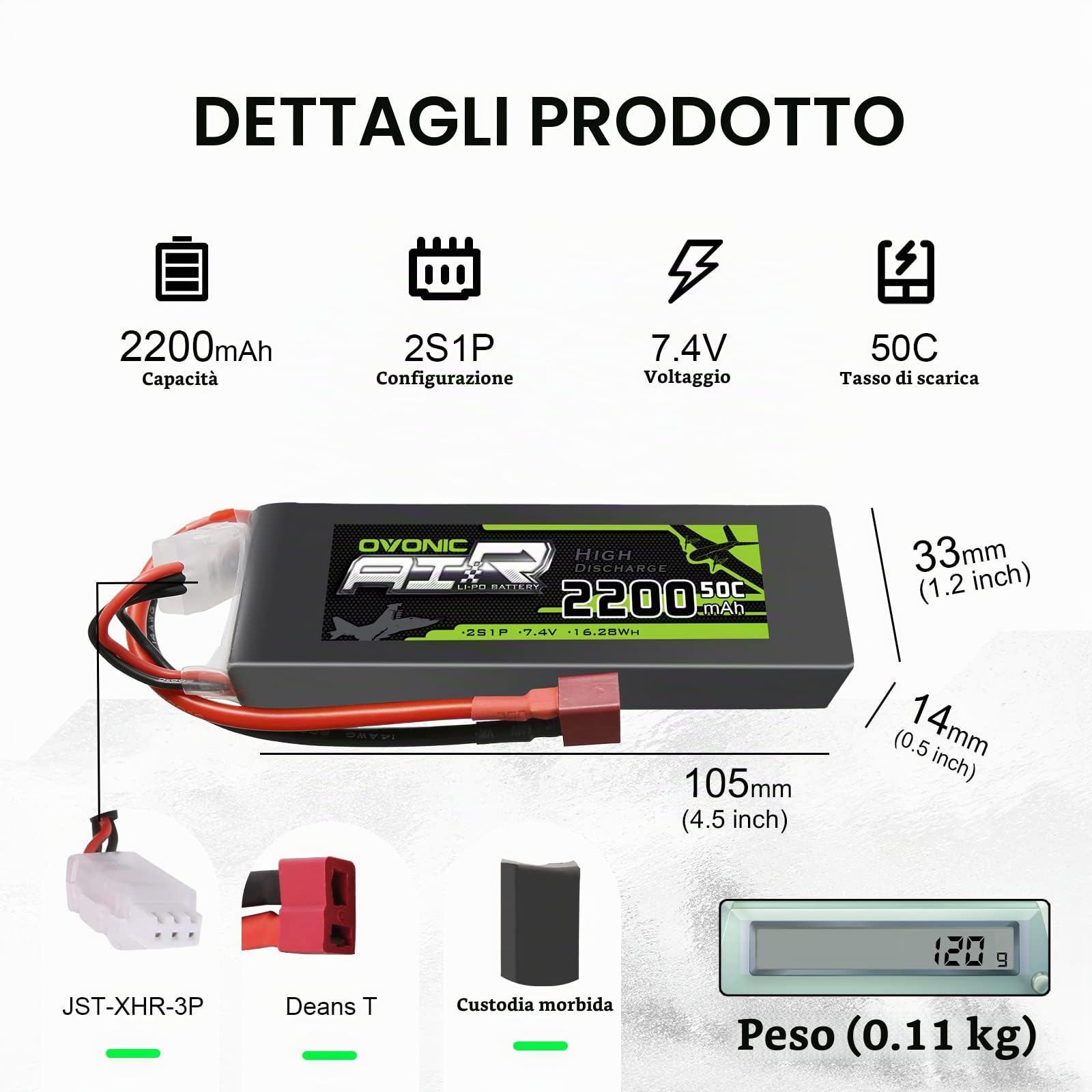 OVONIC 2 Packs 2200mAh 2S 7.4V 50C LiPo Battery Pack with T Plug for RC Evader BX Car RC Truck RC Truggy RC Airplane UAV Drone FPV
