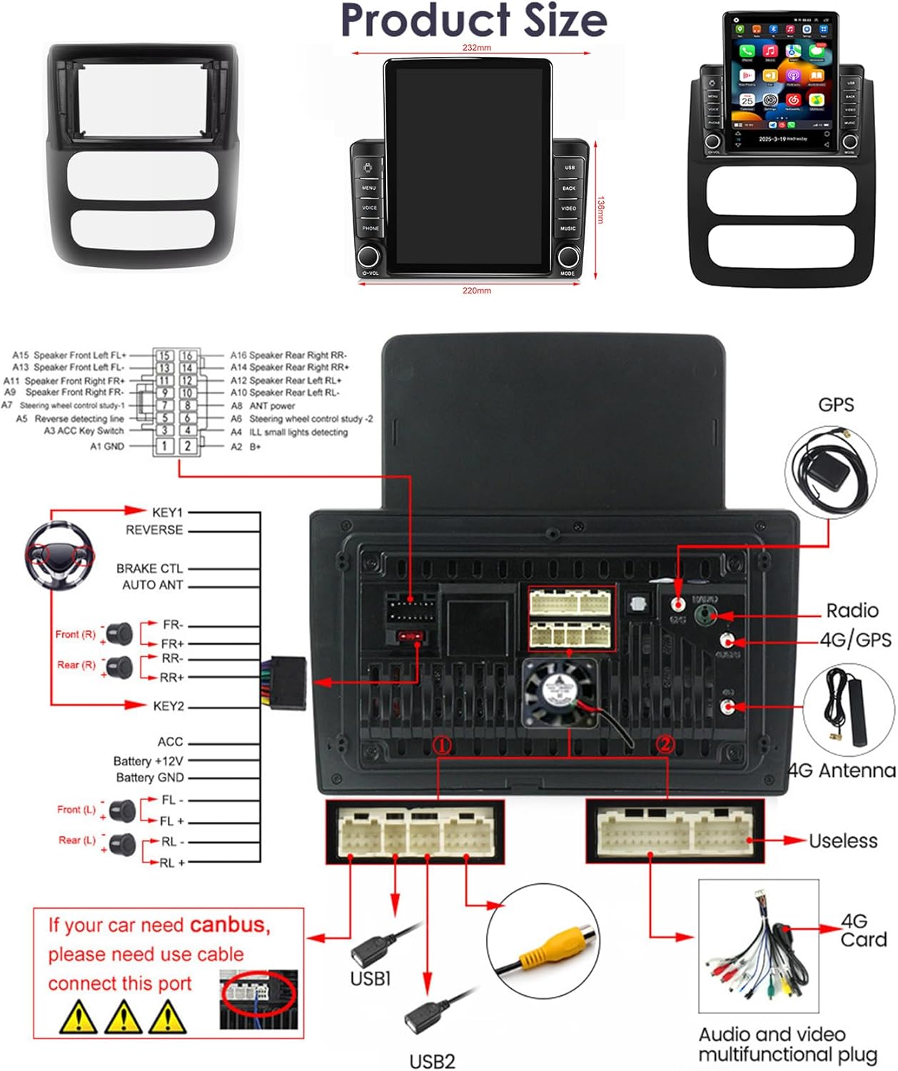 4GB+64GB Car Stereo 8 core Android 15.0 Radio for 2002-2005 Dodge RAM Truck 1500 2500 3500 GPS Navigation 9.7 Inch Multimedia Video Player FM BT Receiver with 4G 5G WiFi Carplay Android Auto