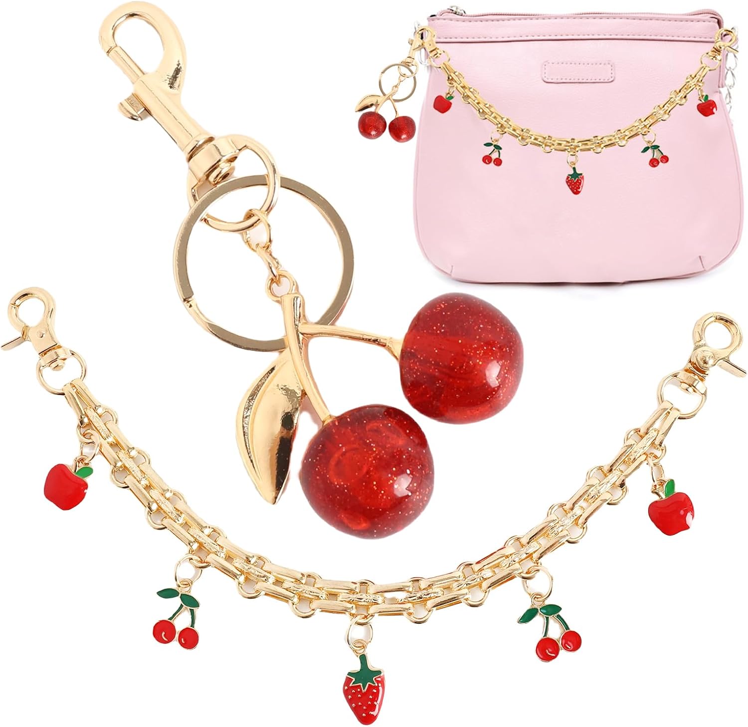 QXUJI Decorative Bag Chain, Strawberry Cherry Enamel Pendant Purse Strap Extender, Gold Replacement Extension Purse Chain with Cute Cherry Keychains, for Women Handbags Shoulder Crossbody Bags