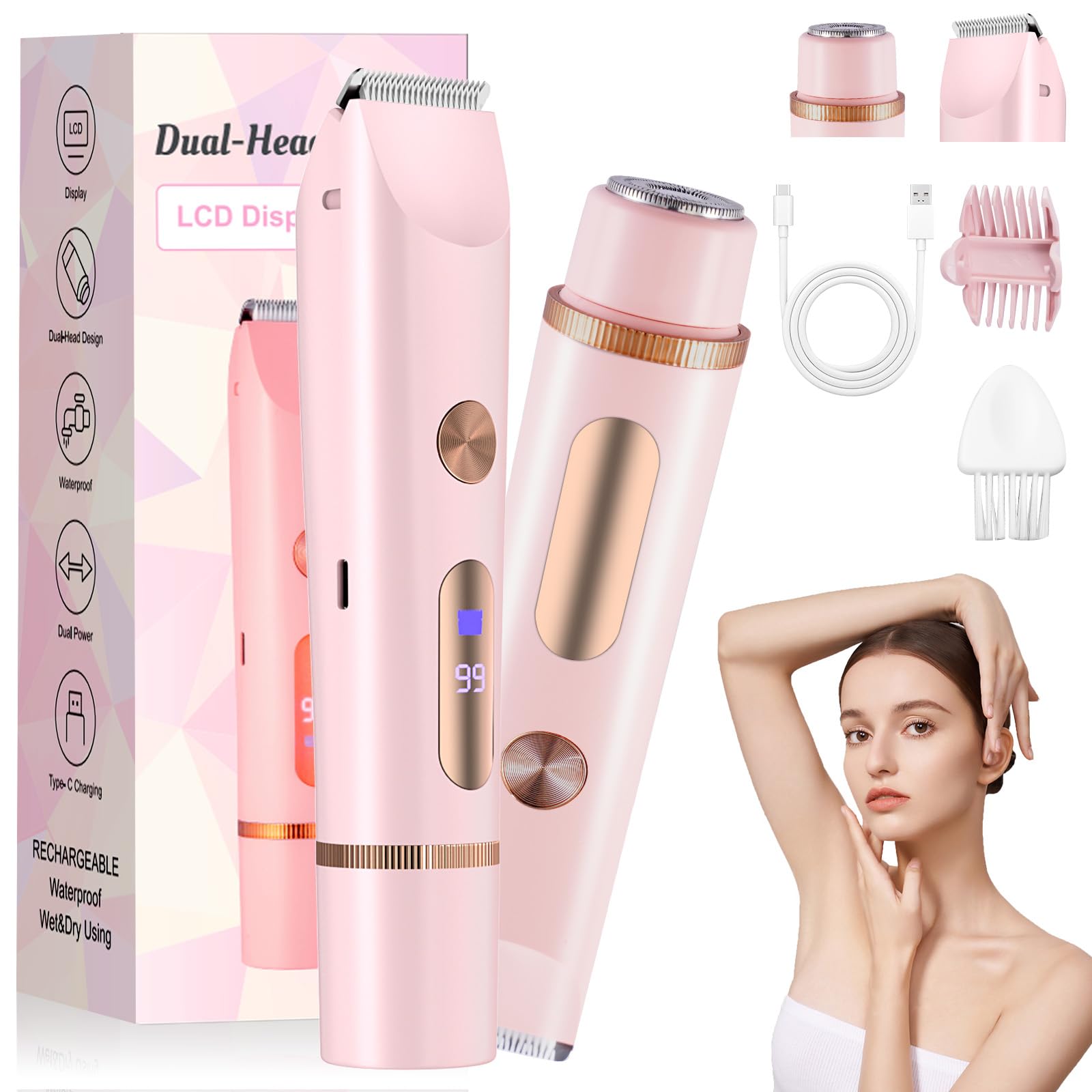 Afeitadora Electrica Mujer, 2 en 1 USB Rasuradora Mujer Zona Intima Impermeable IPX7, Pantalla LED Depiladora Facial Eléctrica sin Dolor para Cara Axilas Bikini, Uso en Seco y en Mojad