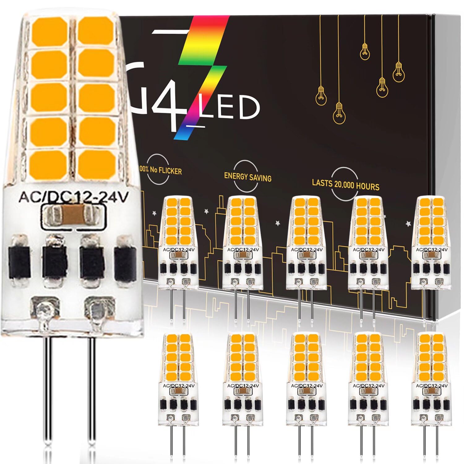 G4 LED Bulbs Dimmable, 3000K Warm White 300LM, 3W G4 LED Lamps Equivalent 30W G4 Halogen Lamps, AC/DC 12V-24V, Non Flicker, Bi-Pin Base JC Type Energy Saving LED Light Bulbs, 360° Beam Angle, 10 Pack