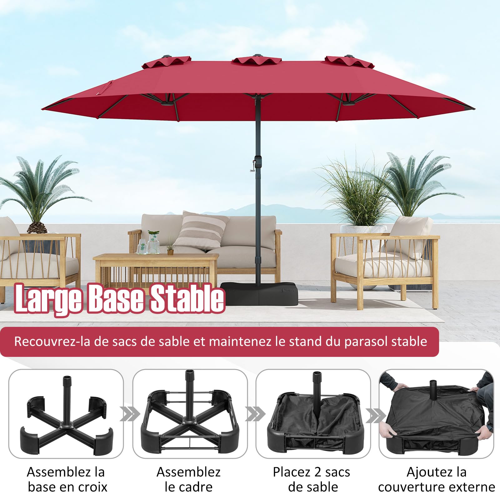 RELAX4LIFE Grand Parasol Double avec Pied 4,7M, Grand Parasol de Jardin Extérieur avec Manivelle, 12 Baleines, Base Croix, Sacs de Sable, Ventilé, Protection Solaire pour Terrasse Marché (Rouge)