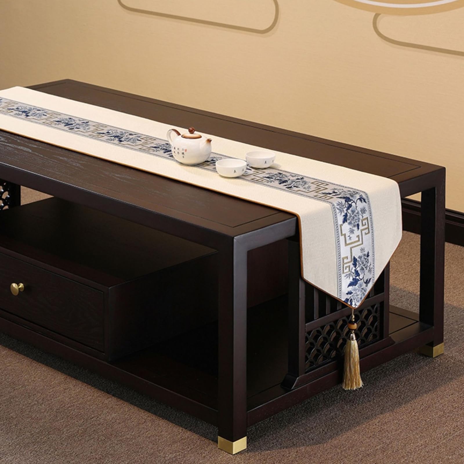 Tischläufer Baumwollleinen Landhausstil, Tischläufer Wohnzimmer 33x220 cm, Orientalisch mit Quasten