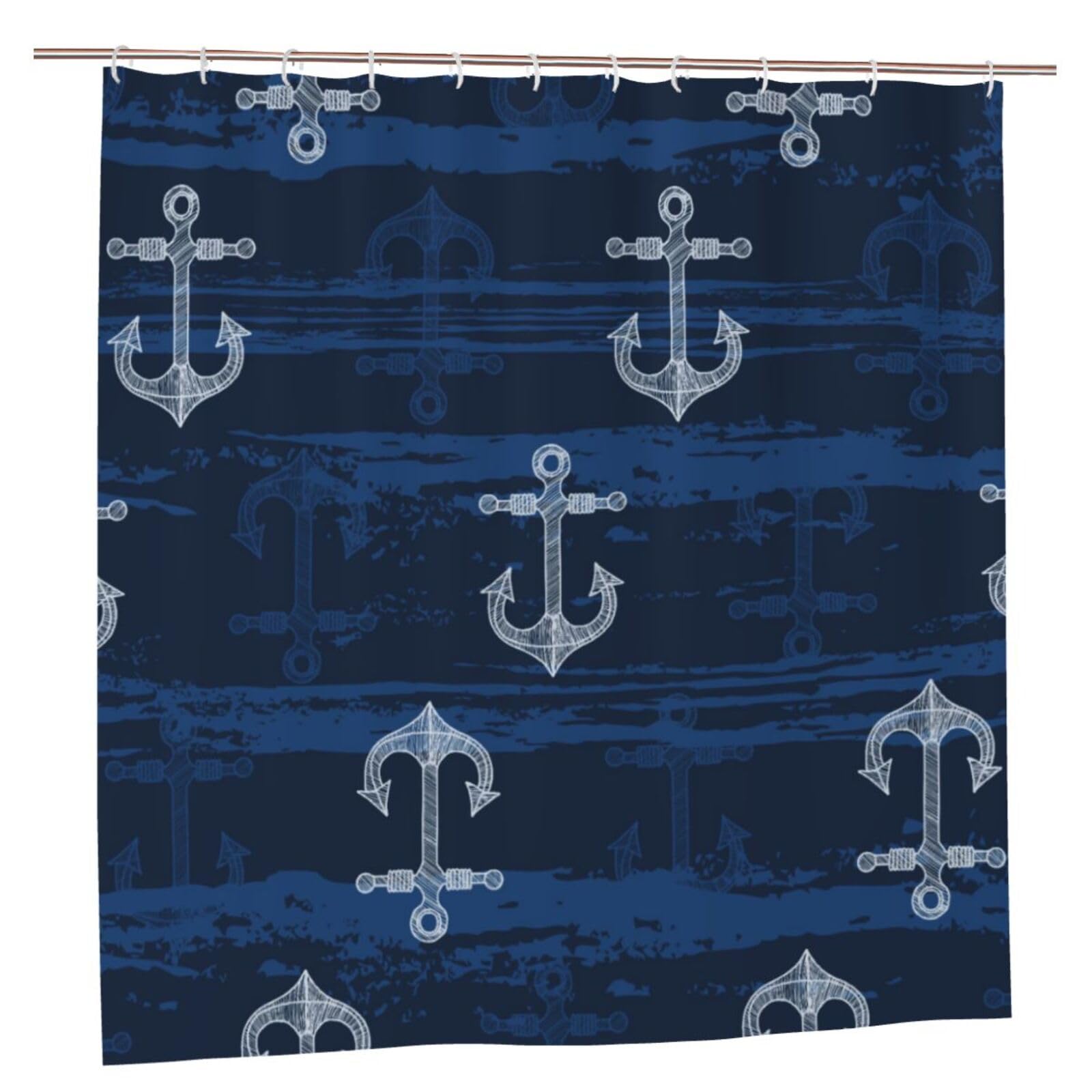Oudrspo Polyester Fabric Shower Curtain - 70x70 Inch with Metal Grommets, Artistic Privacy Design, Seamless Pattern with Hand Drawn Anchors Sea Vector Background