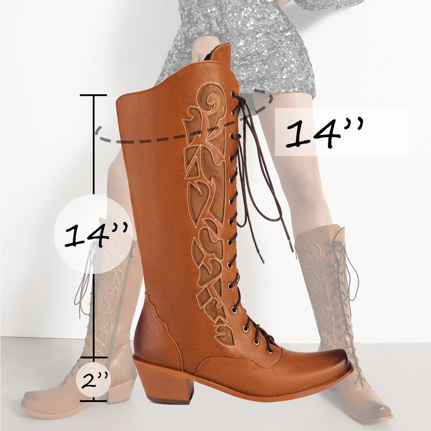 SHODENSE Women Embroidered Western Boots Square Toe Chunky Stacked Heel Cowboy Knee High Boots Lace Up Side Zip Burnished Snip Toe Cowgirl Boots Cutout Patchwork Fall Winter Dressy Vintage 4-10 M US
