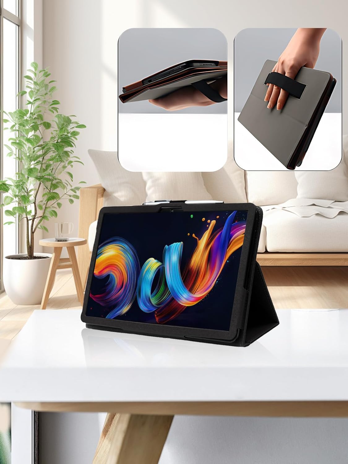 Tablet case in a living room setting, showing the tablet propped up by the folding stand.