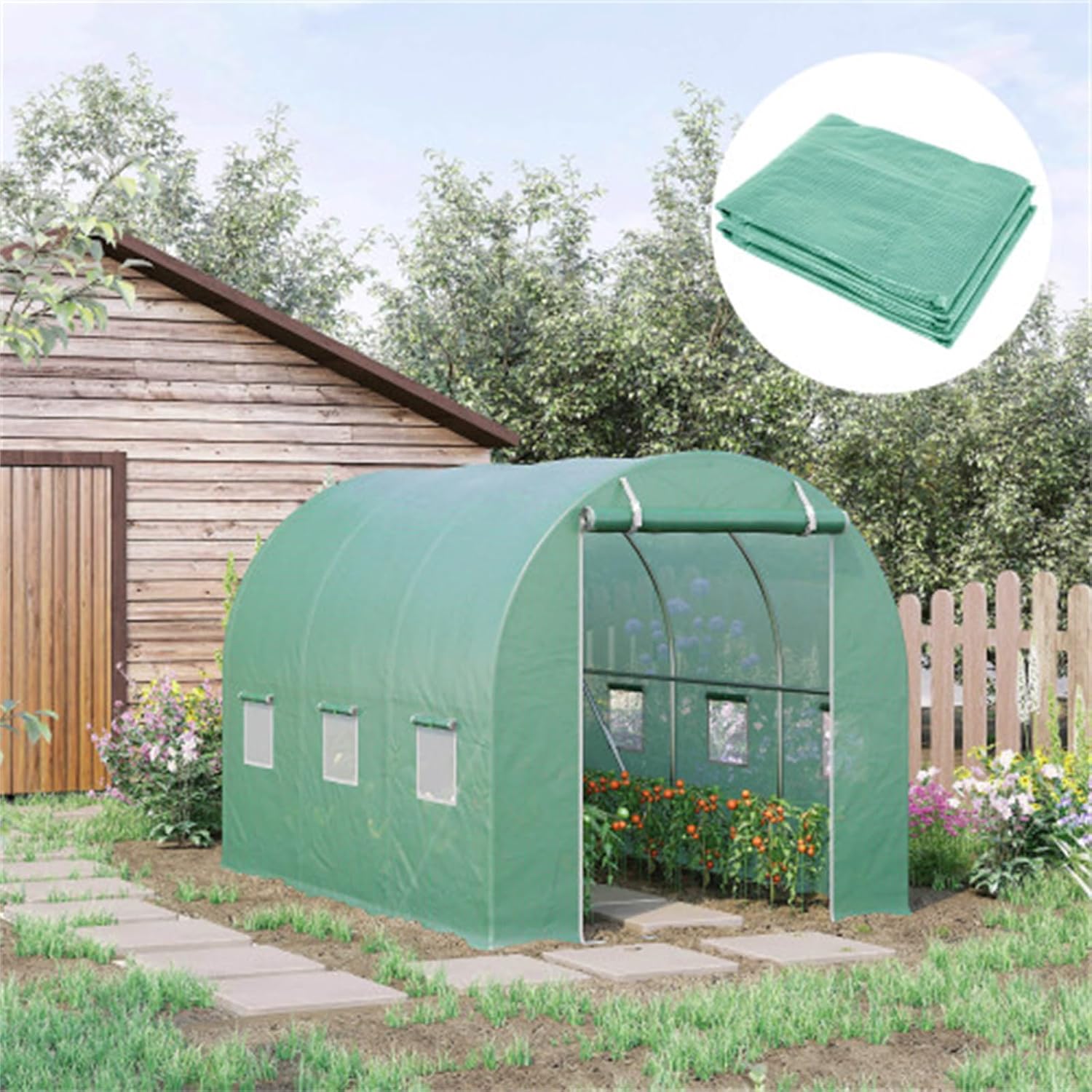 9.8' x 6.6' x 6.6' Plastic Greenhouse Cover Replacement, Greenhouse Tarp, Greenhouse Cover, Large Tarp for Hoop Greenhouse with 6 Windows, Doors and Reinforced Grid, Green