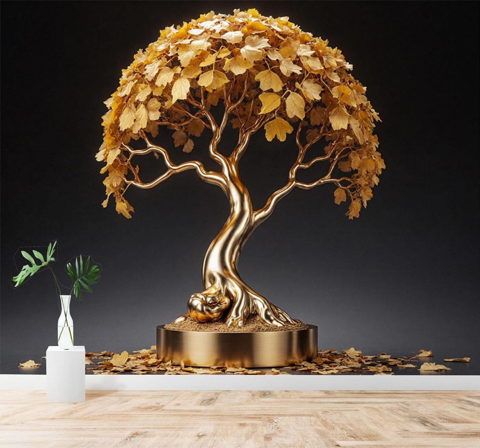 Tzxztt Three Dimensional Minimalist Light Luxury Golden Trees Golden Leaves Modern 3D Wallpaper Premium Textured Silk Neutral Tones Material Ideal for Living Room Bedroom-350cm×256cm