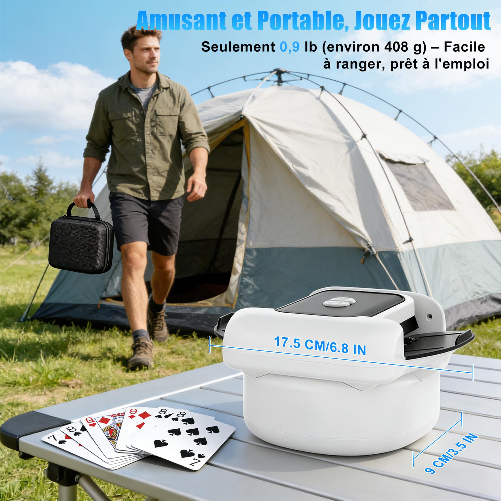 Mélangeur de Cartes Automatique et Manuel Électronique - Portable, Silencieux et Rapide pour 1 à 2 Jeux - Compatible avec Poker, Blackjack, Texas Hold’em, Phase 10 - Inclut Sac de Rangement