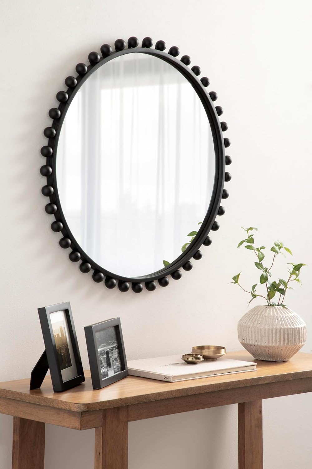 Kate and Laurel Beade Modern Round Ball Beaded Wall Mirror, 28 Inch Diameter, Black, Transitional Circle Mirror for Use as Bathroom Mirror or Entryway Mirror Decor