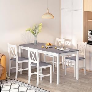 soges 47.2"*23.6" Dining Table Set, 5Pcs Kitchen Table Set with Chiars for 4, Pine Wood Dining Table with 4 Chairs for Kitchen Dining Room,Grey&White