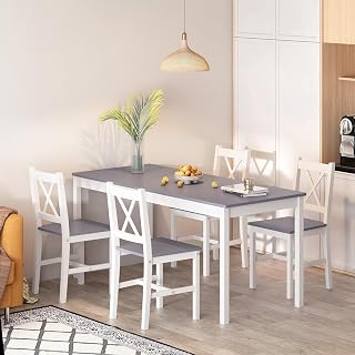 soges 47.2"*23.6" Dining Table Set, 5Pcs Kitchen Table Set with Chiars for 4, Pine Wood Dining Table with 4 Chairs for Kitchen Dining Room,Grey&White