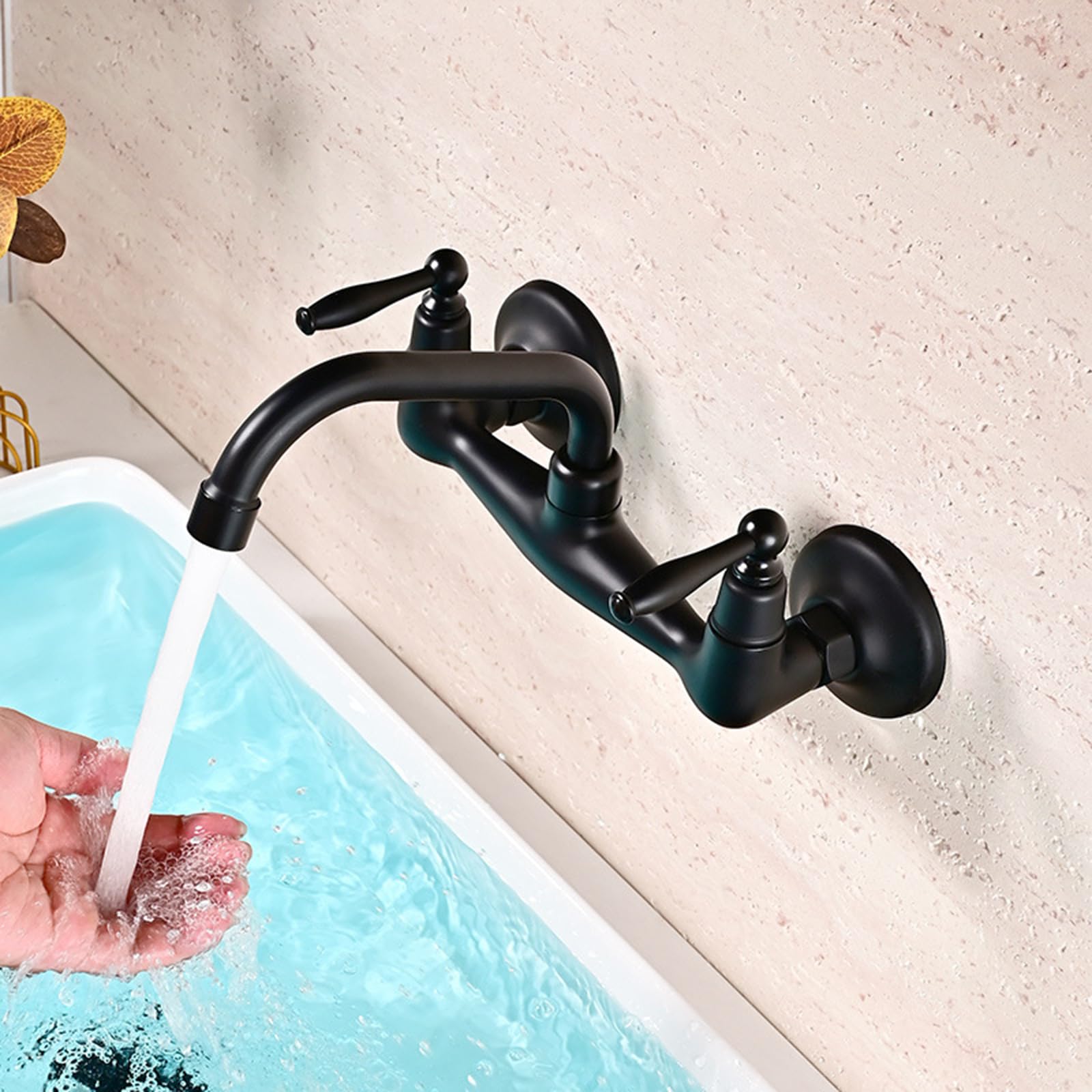 XJTNLB Grifo Bimando Lavabo Vintage Grifo de Pared para Lavabo Negro, Griferia Baño Vintage con 2 Asas