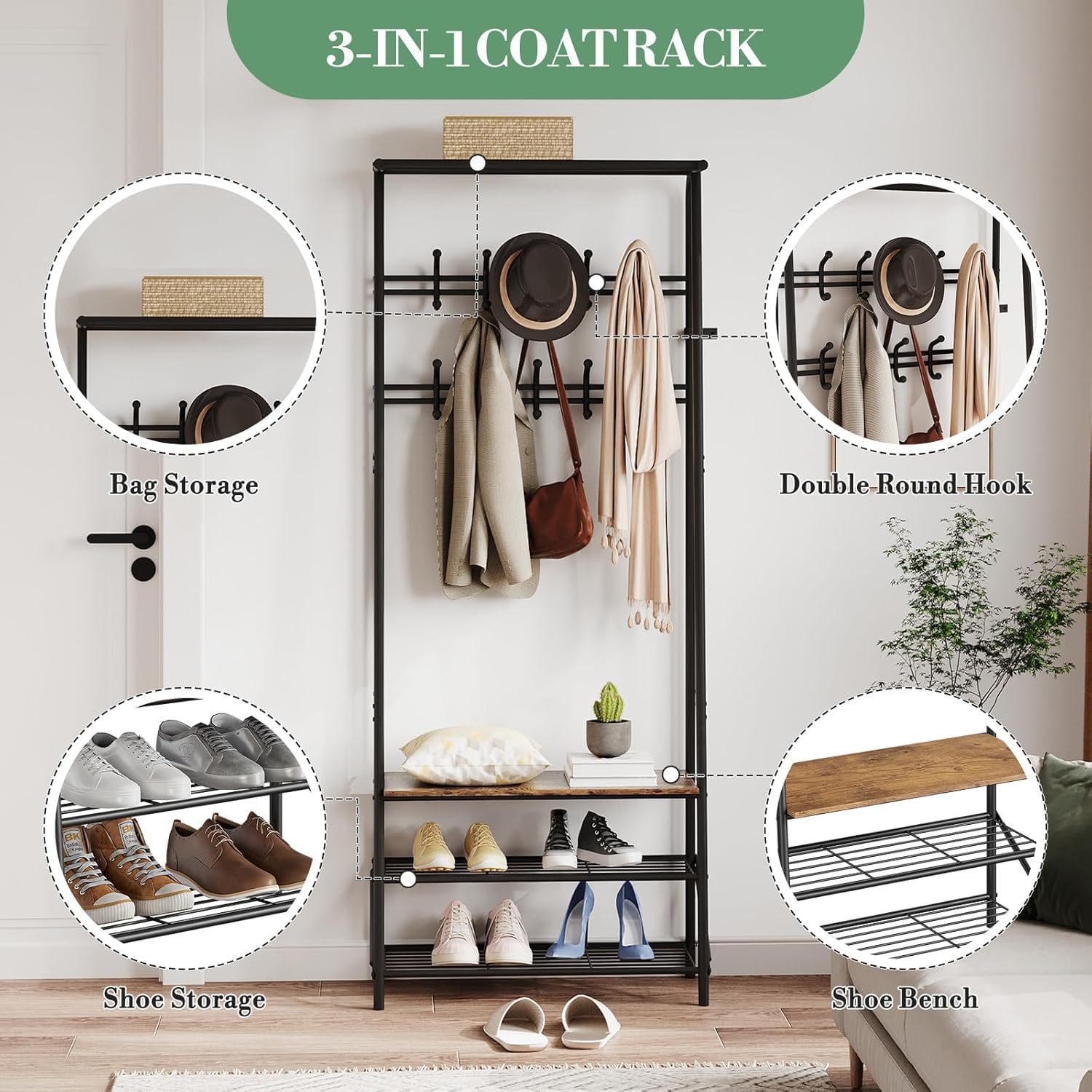 Entryway Hall Tree with Shoe Rack, Hall Tree Coat Rack with Hooks, 25” Freestanding Metal Coat Rack with Shoe Storage, Compact Entryway Organizer for Hallway and Bathroom