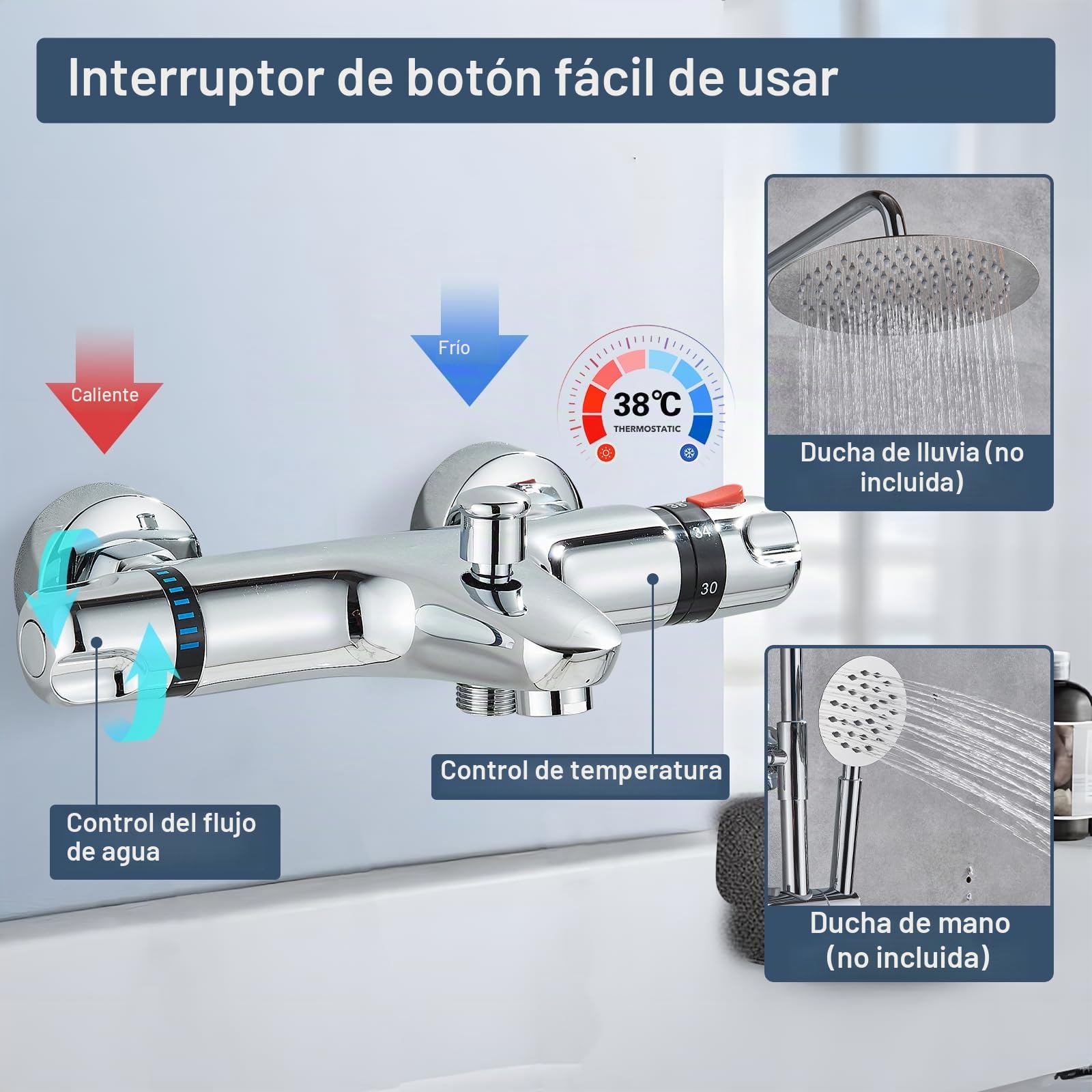 Grifo para bañera con termostato para montaje en pared, cromado