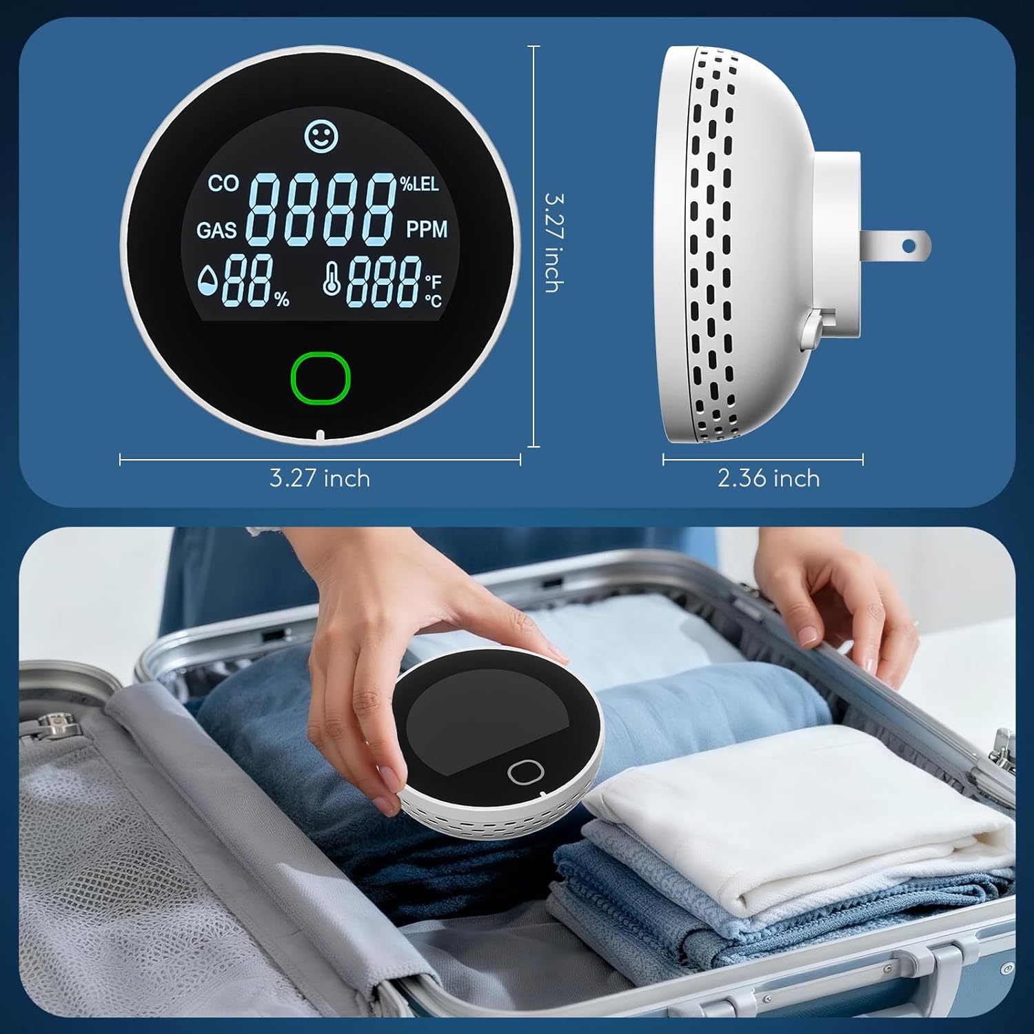 2 Packs 4 in 1 Carbon Monoxide Detectors Plug in, Natural Gas Leak & Carbon Monoxide Detectors, Dual Alarms and HD Screen Display with CO/Gas/Temperature/Humidity for Home/Travel/RV