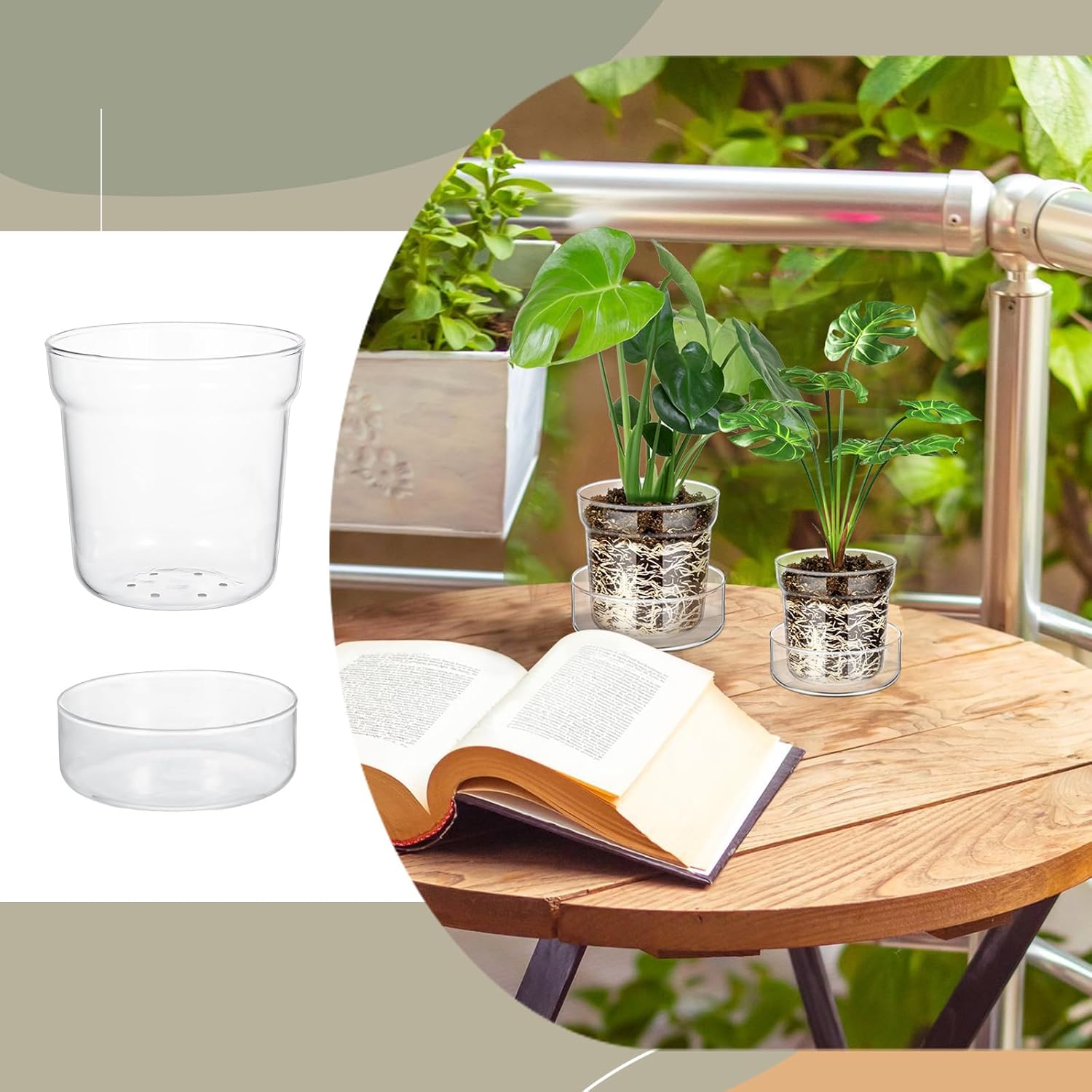 Baderke 4 Inch and 6 Inch Glass Plant Pots with Saucer, Flower Nursery Plant Pots with Drainage for Flower Seed Starter Transparent Seedling (2 Sets)