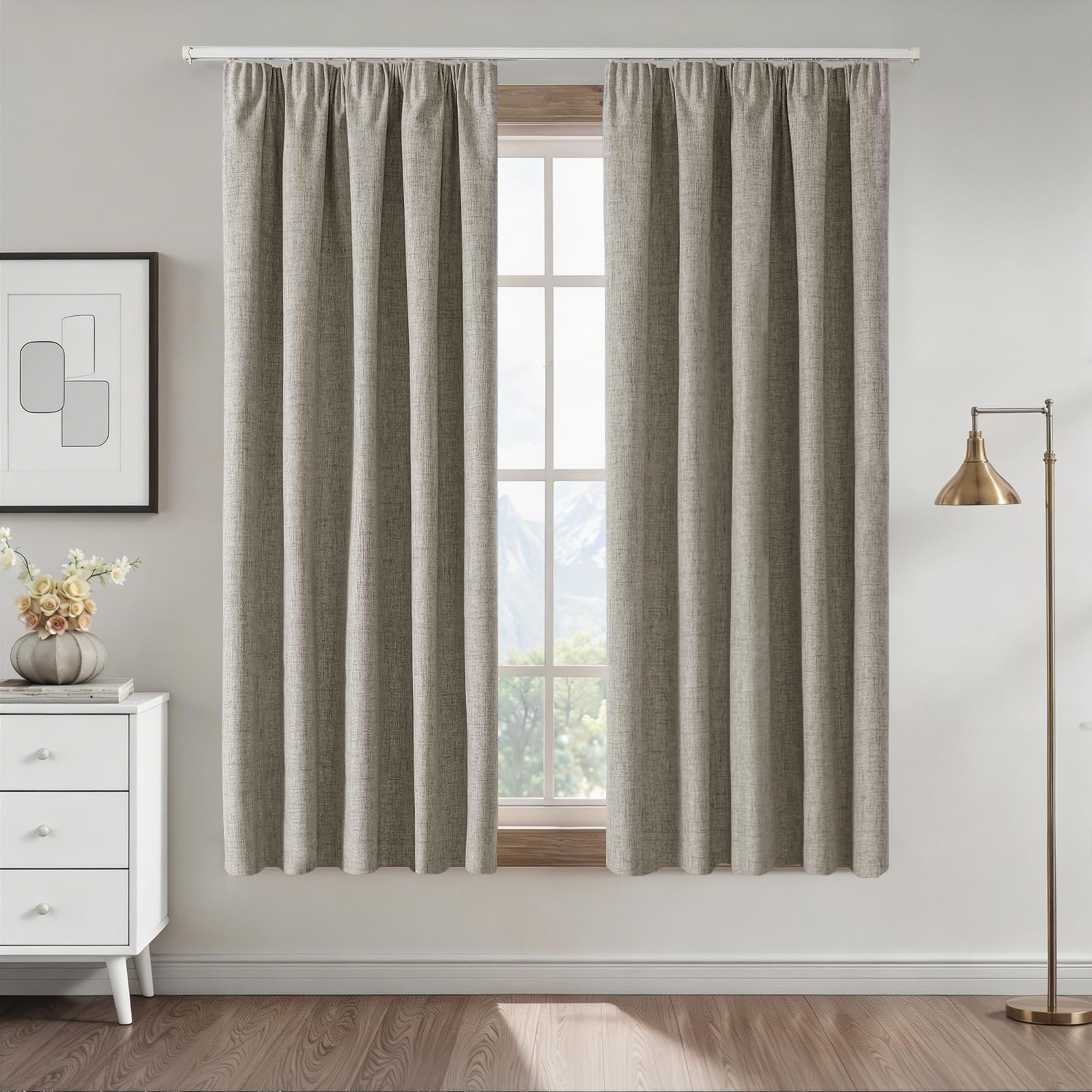 CUCRAF 100% Blackout Pencil Pleat Curtains 46 x 72 Inch Thermal for Living Room Bedroom Kitchen,Linen,2 Panels