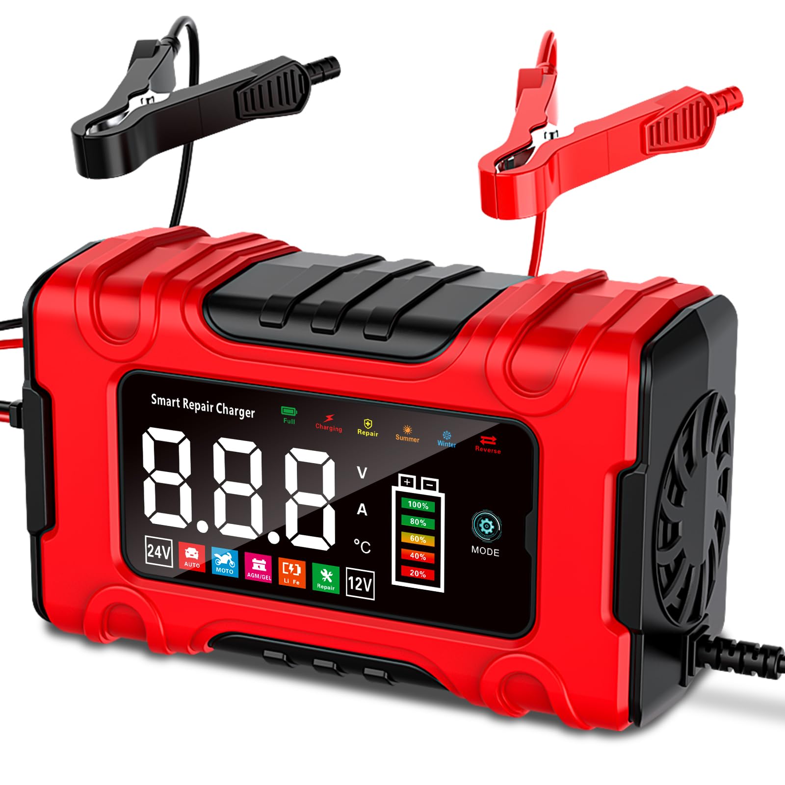 10A Autobatterie Ladegerät, 12V/24V Batterie Ladegerät Auto mit Reparaturmodus & Erhaltungsladung, LCD-Display für Auto, LKW, Motorrad, Boot - Kompatibel mit Blei-Säure, AGM, LiFePO4 Batterien