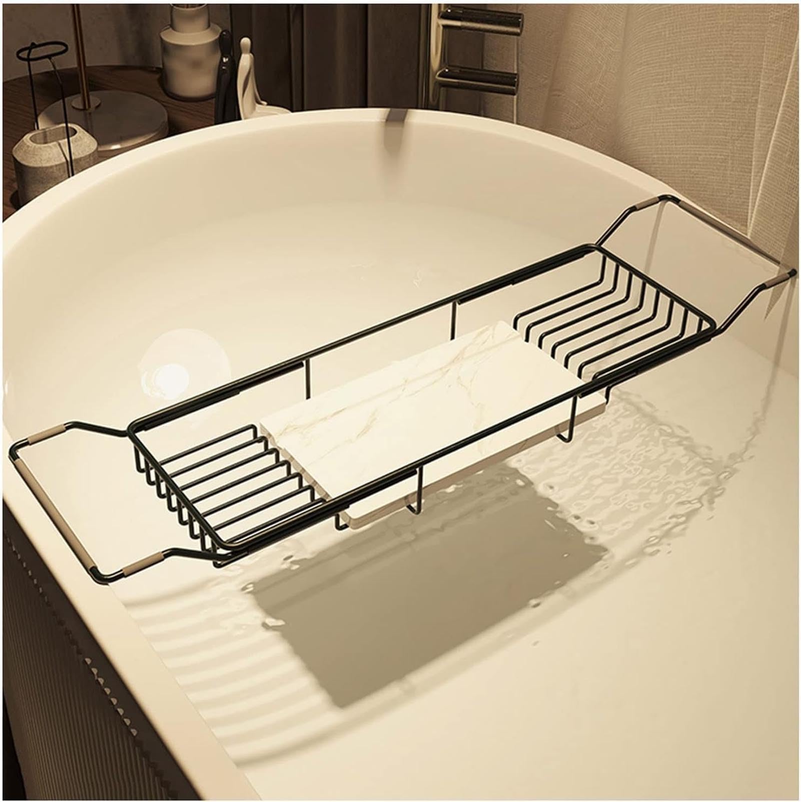 JKJZSALJ Metal Marble Bathtub Rack, Bathtub Caddy Tray Stainless Steel Shower Caddy Tray With Extending Sides, Bathroom Trays, For Hotel Spa Shower Stall-Gold-B,Black-B