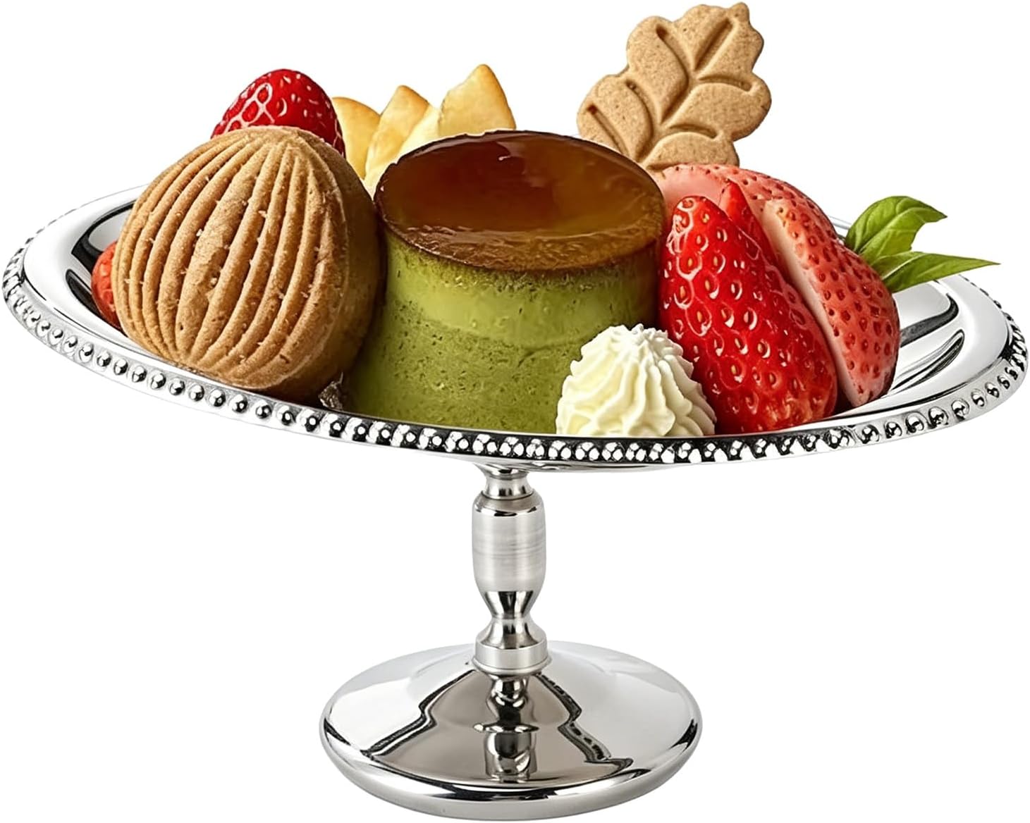 Buachois Small Dessert Plate with Pedestal, 304 Stainless Steel (Style 2) | Dessert Boat for Ice Cream Pudding Cookies Macarons Fruit Egg Tart Mousse Cupcake, Food Grade, Dishwasher Safe