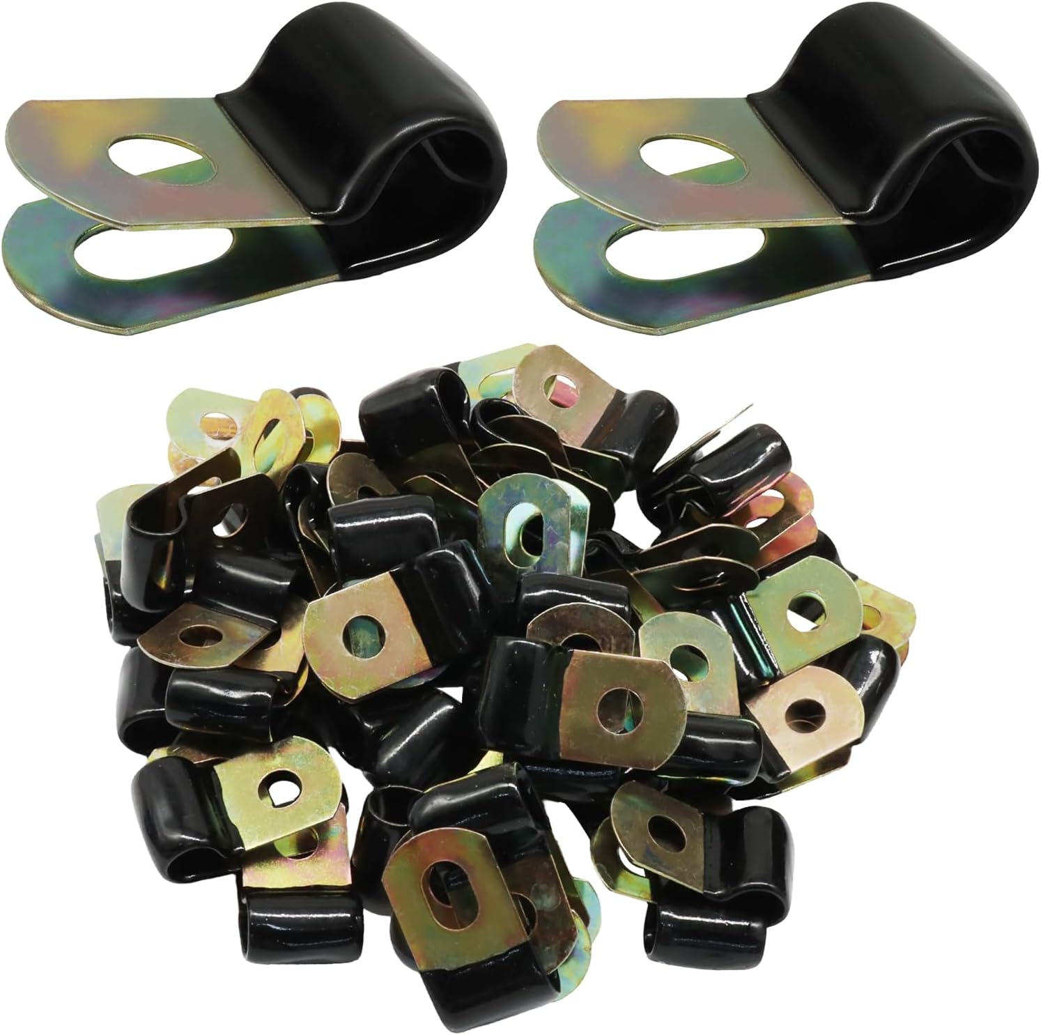 Murtenze 50 Pack Vinyl Coated Cable Clamps, 1/4 Inch Rubber Cushion Wire Clamps Galvanized Steel Hose Pipe Clips for Automotive Marine Industrial Tube and Wire Management