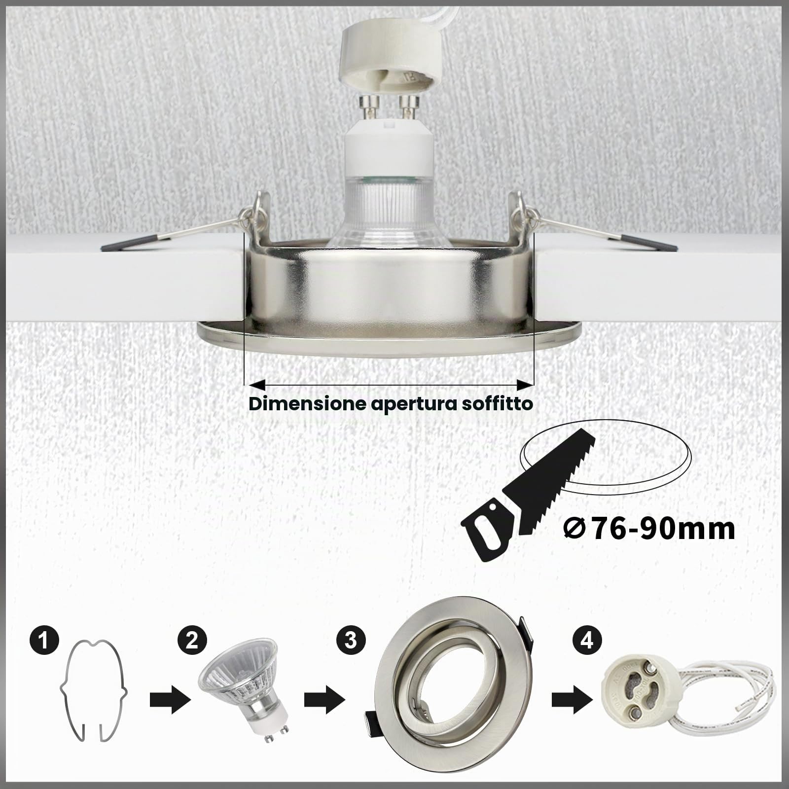 20x Cornice Faretto Incasso Cartongesso GU10, Faretti da Incasso Diametro 98mm Nichel Spazzolato, Inclusa presa GU10 per Lampade LED o alogene, Orientabili a 30°, Forma rotonda