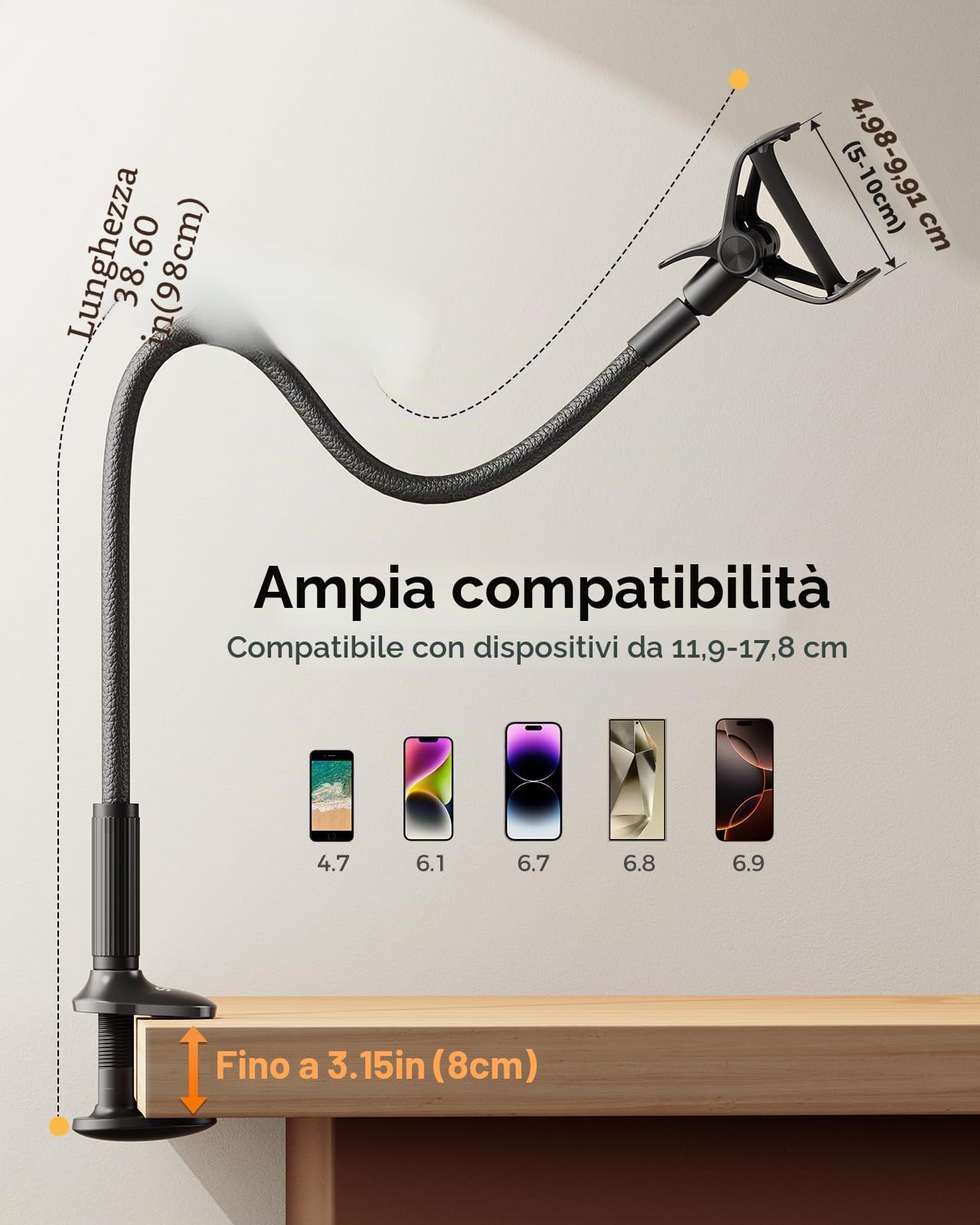 SAIJI Supporto Telefono a collo oca, Braccio Flessibile da 95 cm, Pelle PU, Stabile e Durevole, Rotazione regolabile a 360° per iPhone 13 Pro Max, 12 Mini, 12 Pro Max, HUAWEI, Samsung Nero