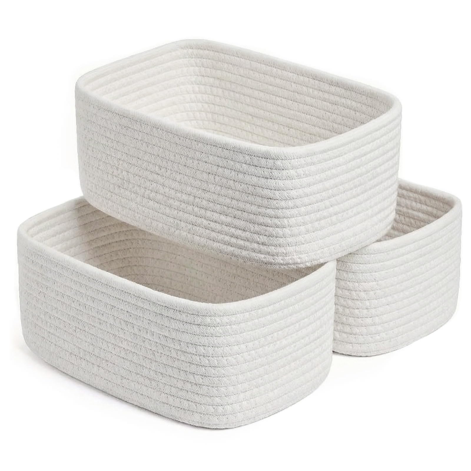 Small Woven Rectangular Storage Baskets Set of 3-12x7.4x4.7 in - Small Laundry Basket, Cotton Rope Baskets for Storage for Toys, Towels, Blanket and More - Baskets for Shelves and Home Decor- White
