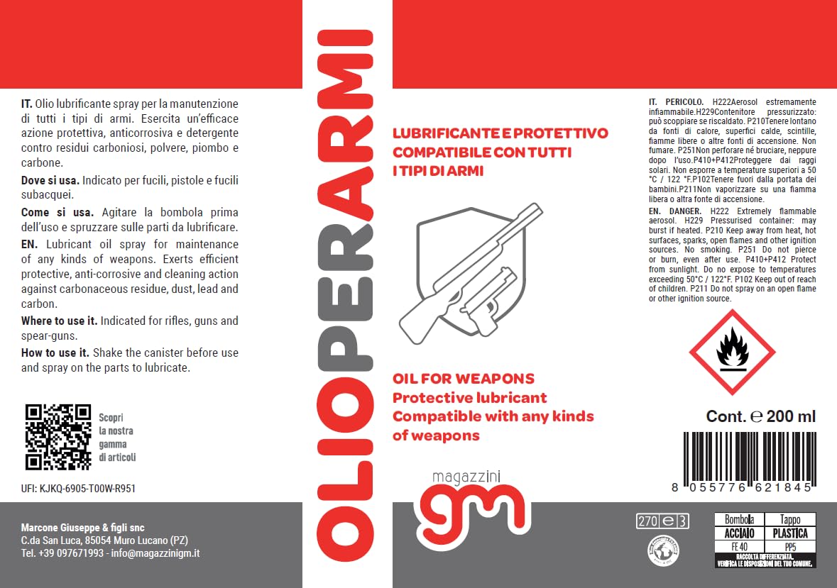 Olio per Armi, Lubrificante Protettivo Spray per Fucili e Pistole, previene la ruggine, elimina i residui carboniosi, Ideale Anche per Catene di Moto, Bici e Altro, 200ml