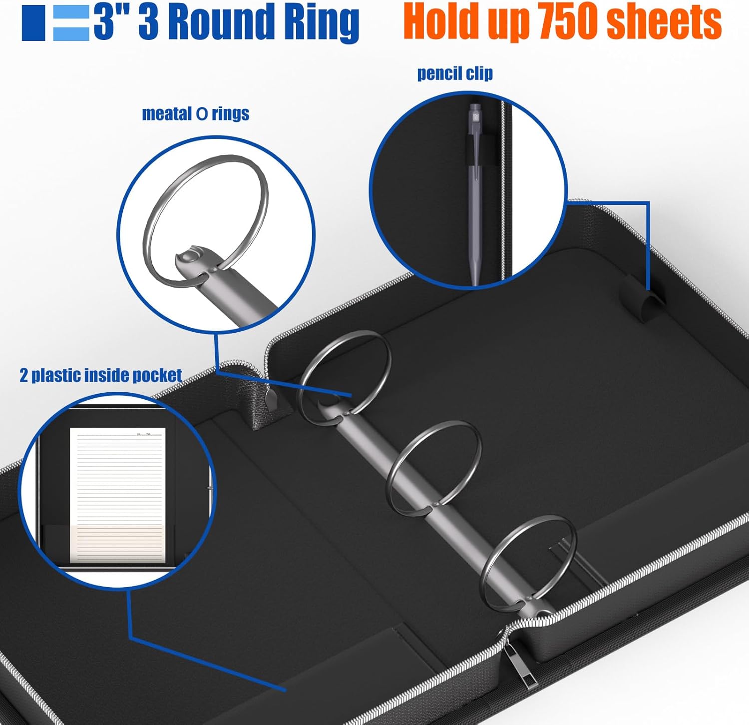 Fireproof 3" 3 Ring Binder with Zipper, 3 Inch Round Ring Binder with 2 Interior Pockets, 1 Pen Holder, Reflective Strip, Hold 750 Sheets of US Letter/A4 Size for Office/Home/School(3Inch)