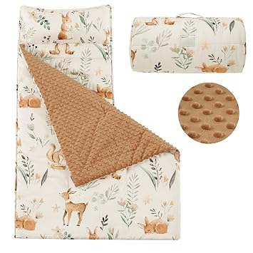 PHF Toddler Nap Mat with Removable Pillow and Minky Blanket, Rollup Design Kids Sleeping Mat Slumber Bags, 50"x20" Toddler Sleeping Bag for Daycare Preschool Travel Camping, Woodland & Animal