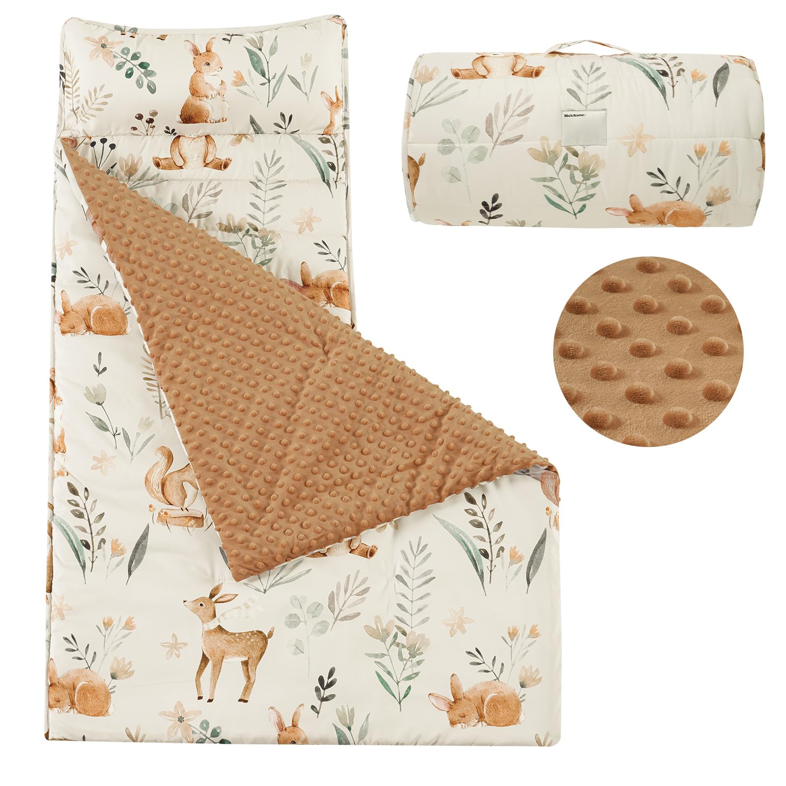 PHF Toddler Nap Mat with Removable Pillow and Minky Fleece Blanket, Rollup Design Warm Slumber Bags for Boys Girls, 52"x20"x2" Kids Sleeping Bag for