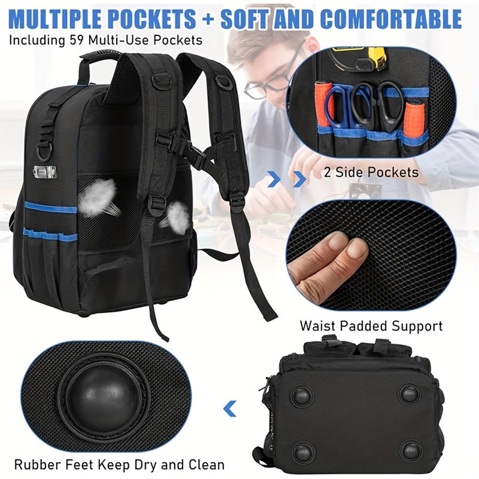 Mochila de herramientas para organización de herramientas, gran capacidad para exteriores, mochila cómoda industrial