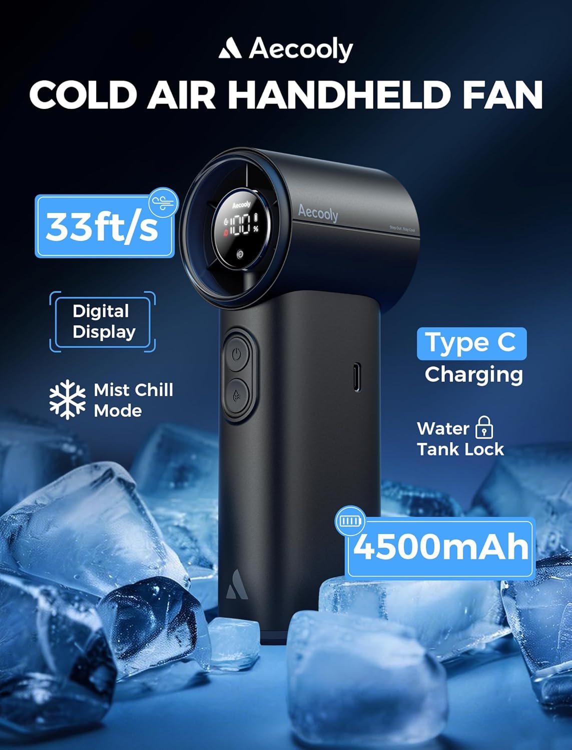 Aecooly Cold Air Portable Handheld Fan | 14.4°F Drop in 10s | Mist Chill & High Speed Wind | 20H Max Cooling Time | Battery Level Display | Rechargeable Personal Turbo Fan, Gifts for Men, Travel-Black