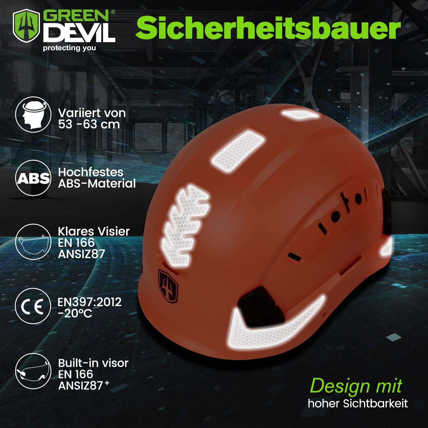GREEN DEVIL Mervex Vent Set - EN397 & EN166 zertifizierter Industrieschutzhelm mit Doppelvisier + Helmleuchte