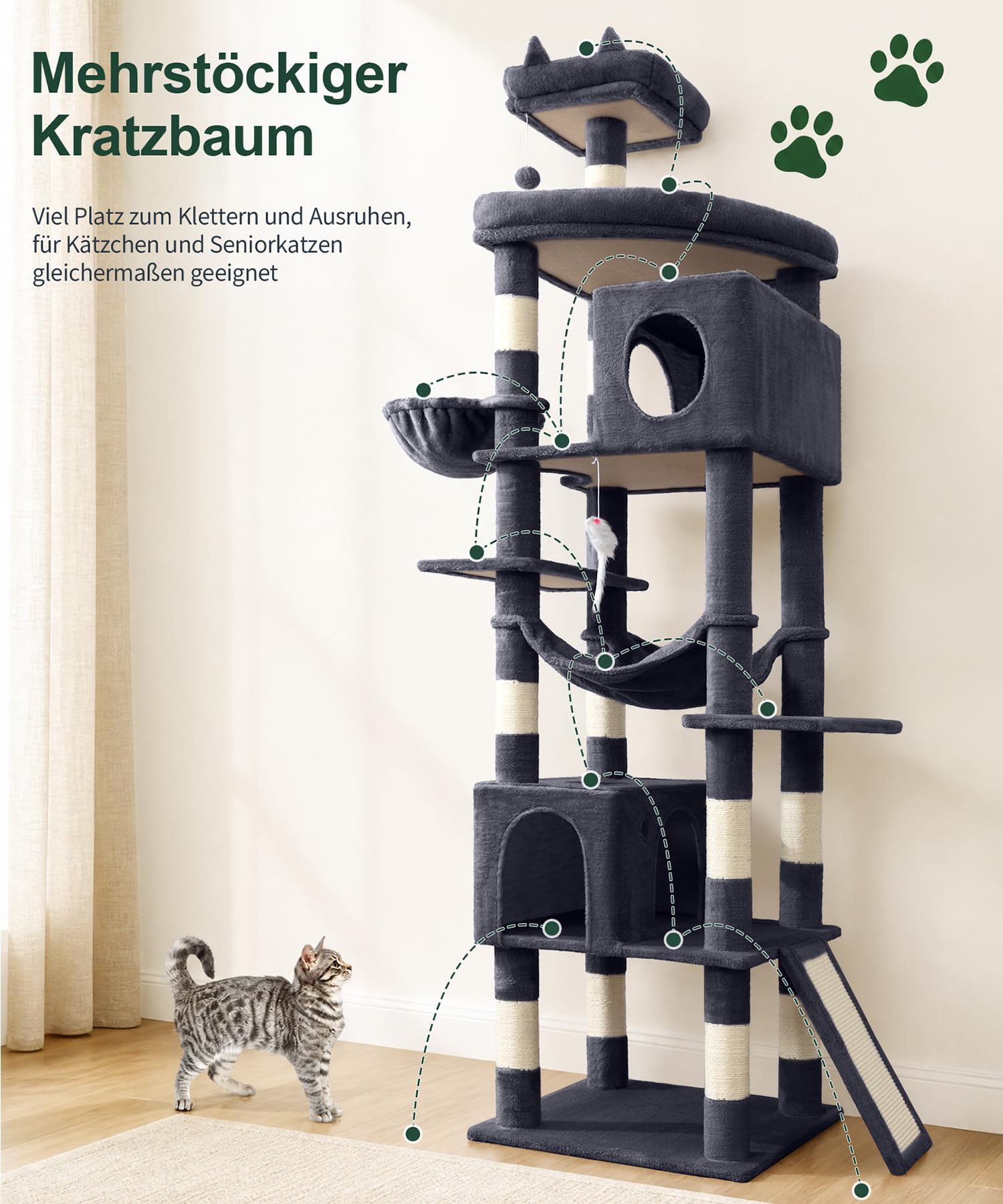 Albero per gatti, torre per gatti di grandi dimensioni, 213 cm, torre per gatti di grandi dimensioni, torre per gatti da interni, con 11 pali tiragraffi in sisal, 2 spaziosi condomini, amaca