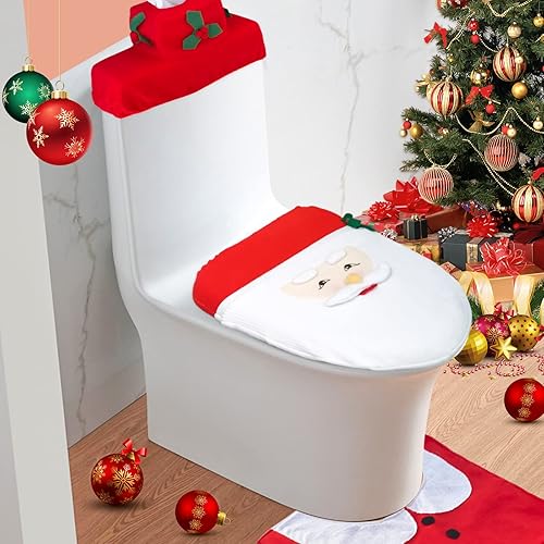 Miniatura 5 de ZeeDix Juego de fundas de asiento de inodoro de Navidad, 3 piezas, diseño de muñeco de nieve rojo, Papá Noel, suave, para decoración de baño de
