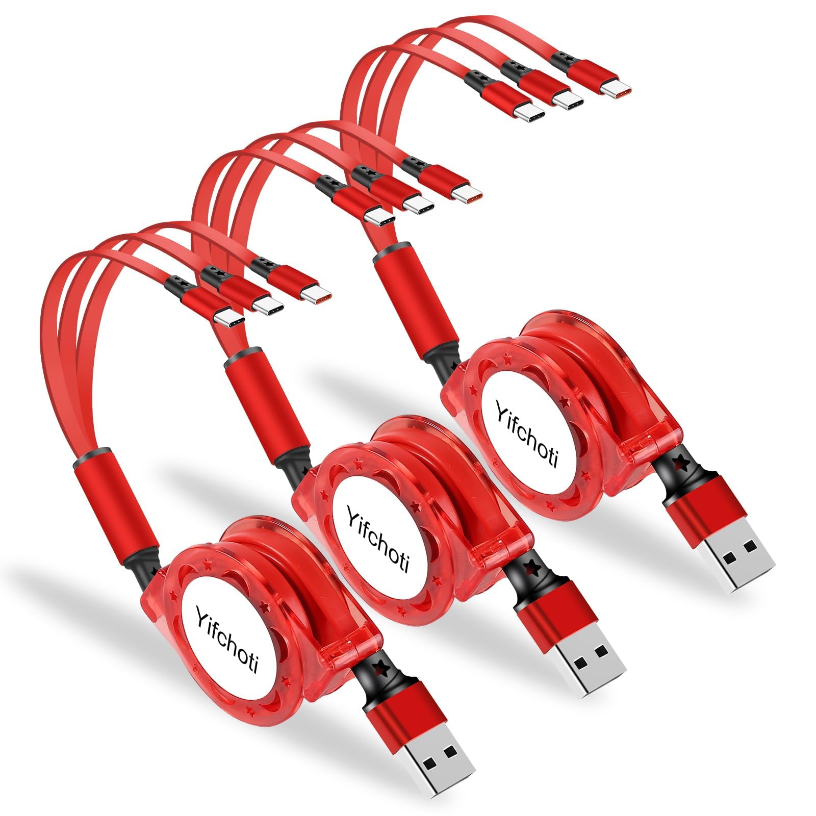 Aywenny USB Type C Retractable Cable Fast Charging[3.3Ft 3-Pack],USB A to C Charger Cable,QC 3.0 Sync Data Charger Cord with 3 USB C Port Fits for Phone 15 Pro Max Plus, Pad Pro, Galaxy S23 (Red)