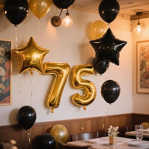 Miniatura 3 de Globos de cumpleaños de 75 años, decoraciones de oro negro para hombres y mujeres, globos de feliz cumpleaños número 75, globos de látex de confeti,