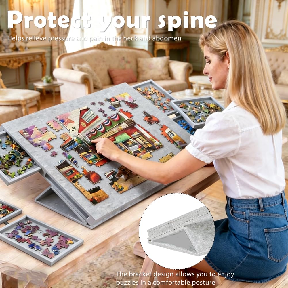 Tagliere puzzle inclinabile con supporto 2 in 1 e copertura, in feltro leggero con 6 cassetti per adulti, tavolo puzzle portatile in feltro per fino a 1000 pezzi, puzzle