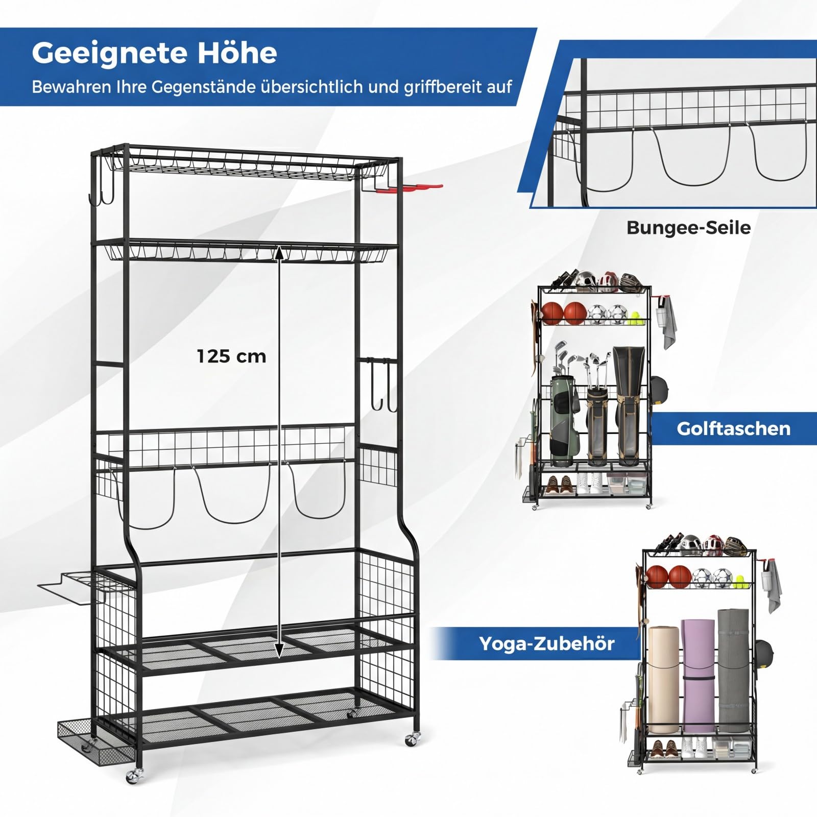 COSTWAY Golf Organizer, Golfschläger-Organizer mit abnehmbaren Rollen, Golf Aufbewahrung mit 4 Haken, 2 Körben & seitlichem Regal für 3 Golftaschen, Golftaschenregal aus Metall für Keller, Club