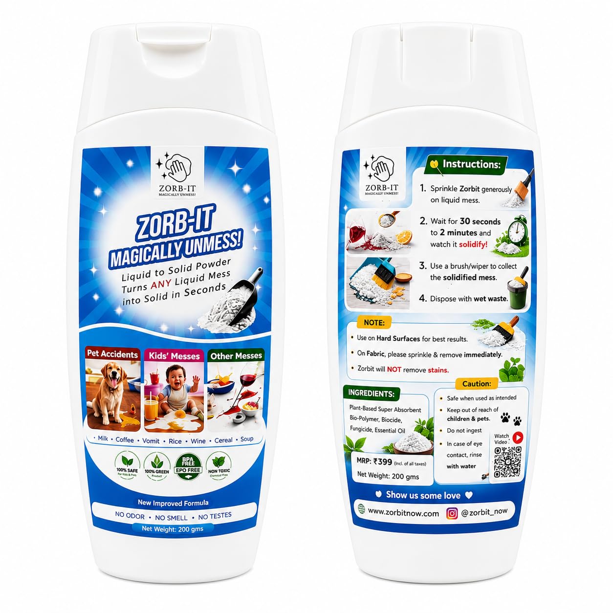 Zorbit Magically Liquid Absorbent Powder | Turns Liquid to Solid - 120g