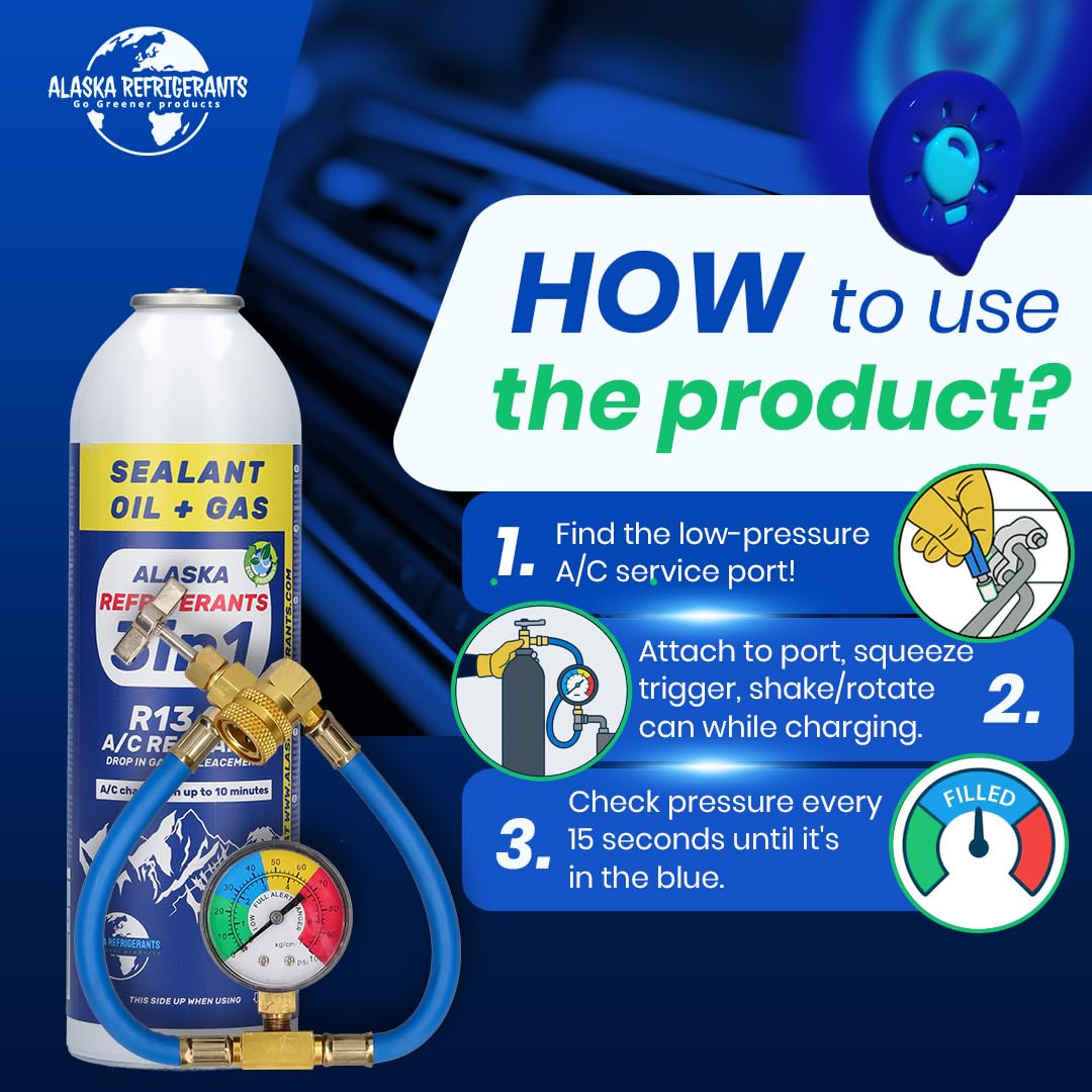 Kombiniertes Alaska Refrigerants Kit – 3in1 R134a Ersatzkältemittel mit PAG 100 Öl und Dichtmittel + R134a Ersatzkältemittel + Schlauch & Manometer