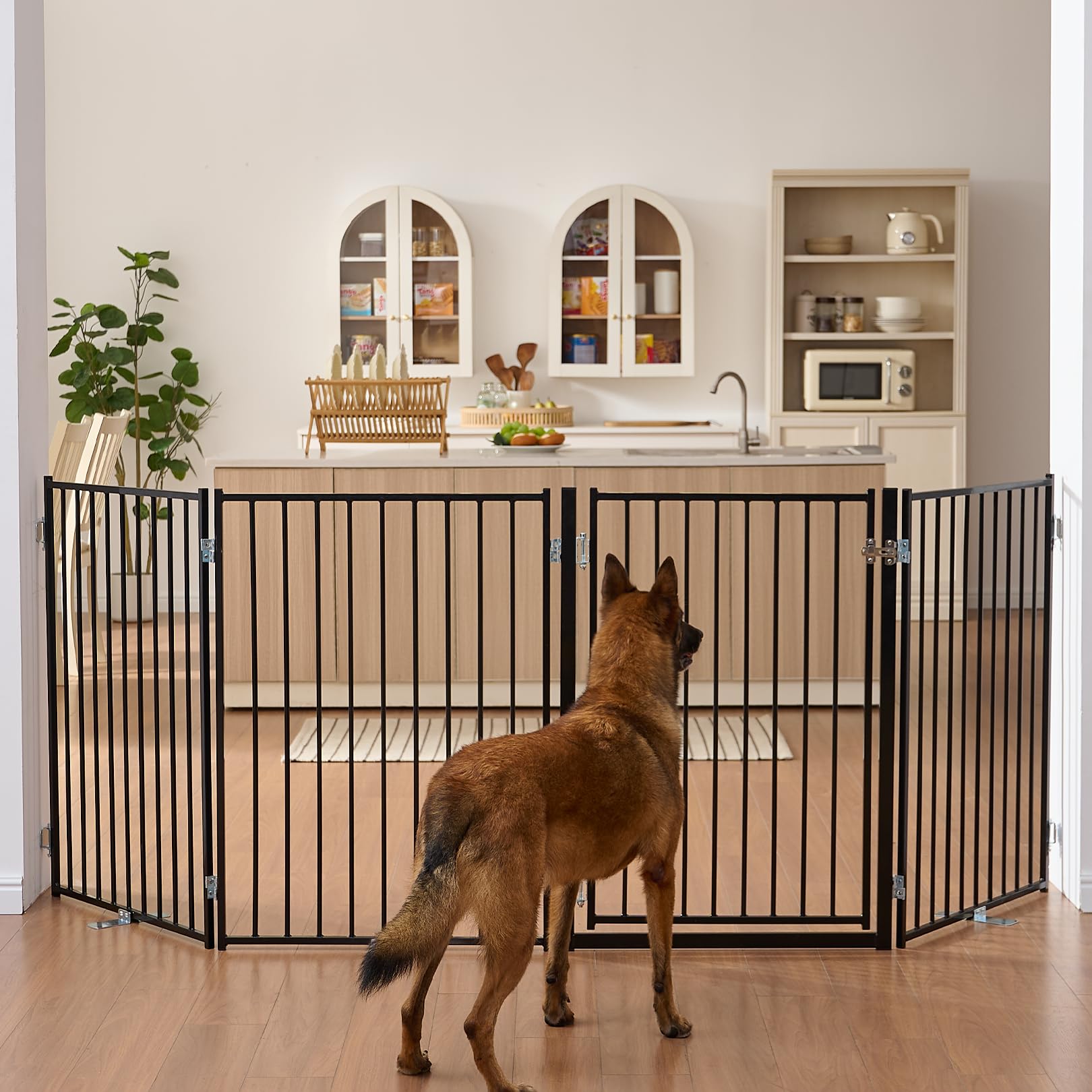 No Pawblems 문이 있는 프리 스탠딩 반려견 게이트, 91.4cm(36인치) 높이 접이식 반려견 울타리, 실내 및 실외용, 최대 264.2cm(104인치) 계단, 복도, 출입구, 데크, 마당용 엑스트라 와이드 강아지 게이트 (블랙, 패널 4개)