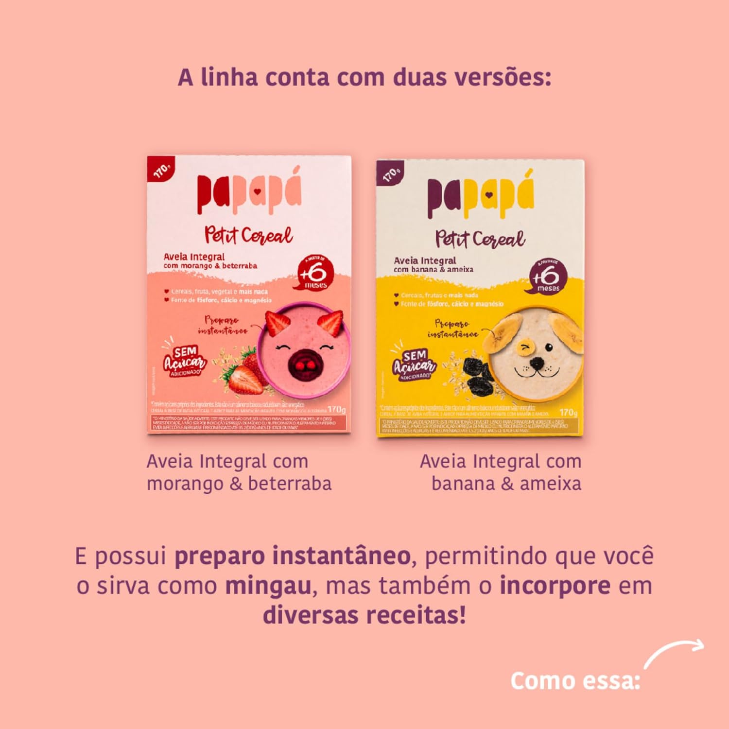 Papapá, Cereal infantil, Petit Cereal, Avêia Integral com Banana & Ameixa, Caixa, 170g, Amarelo