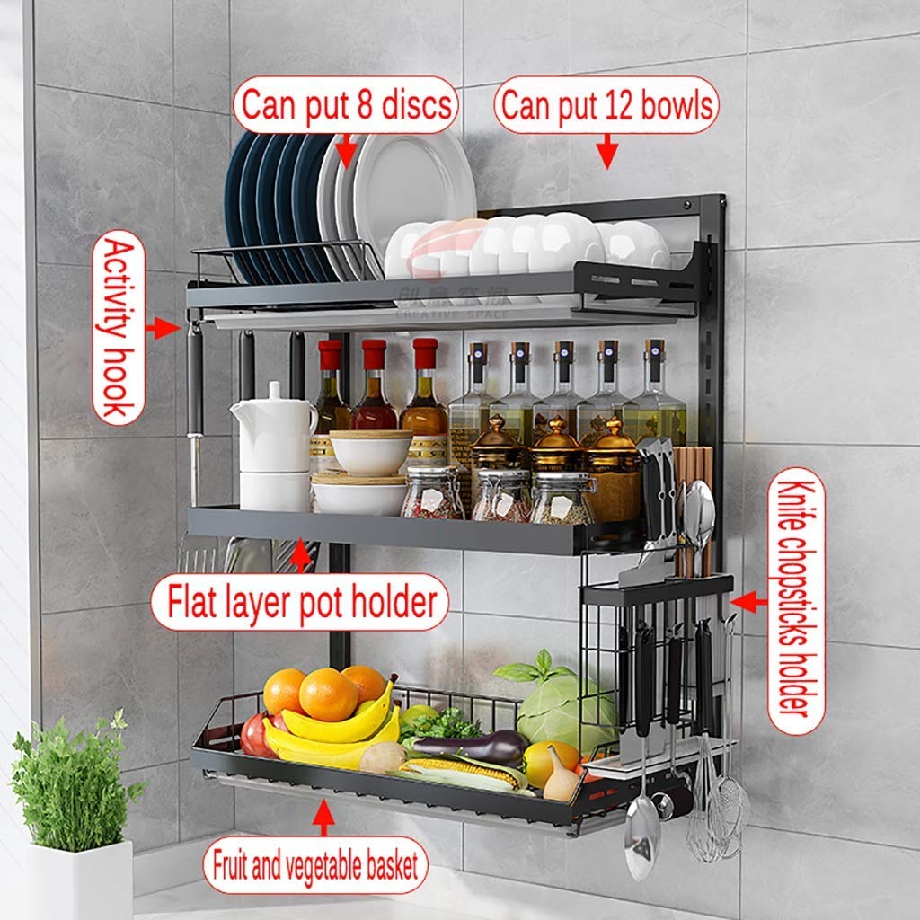 3-lagiges Abtropfgestell aus 201 Edelstahl mit Ablaufwanne – Spülbecken, Wandmontage, Abtropfgestell, Küchenregal, Essstäbchenhalter für platzsparende Organisation